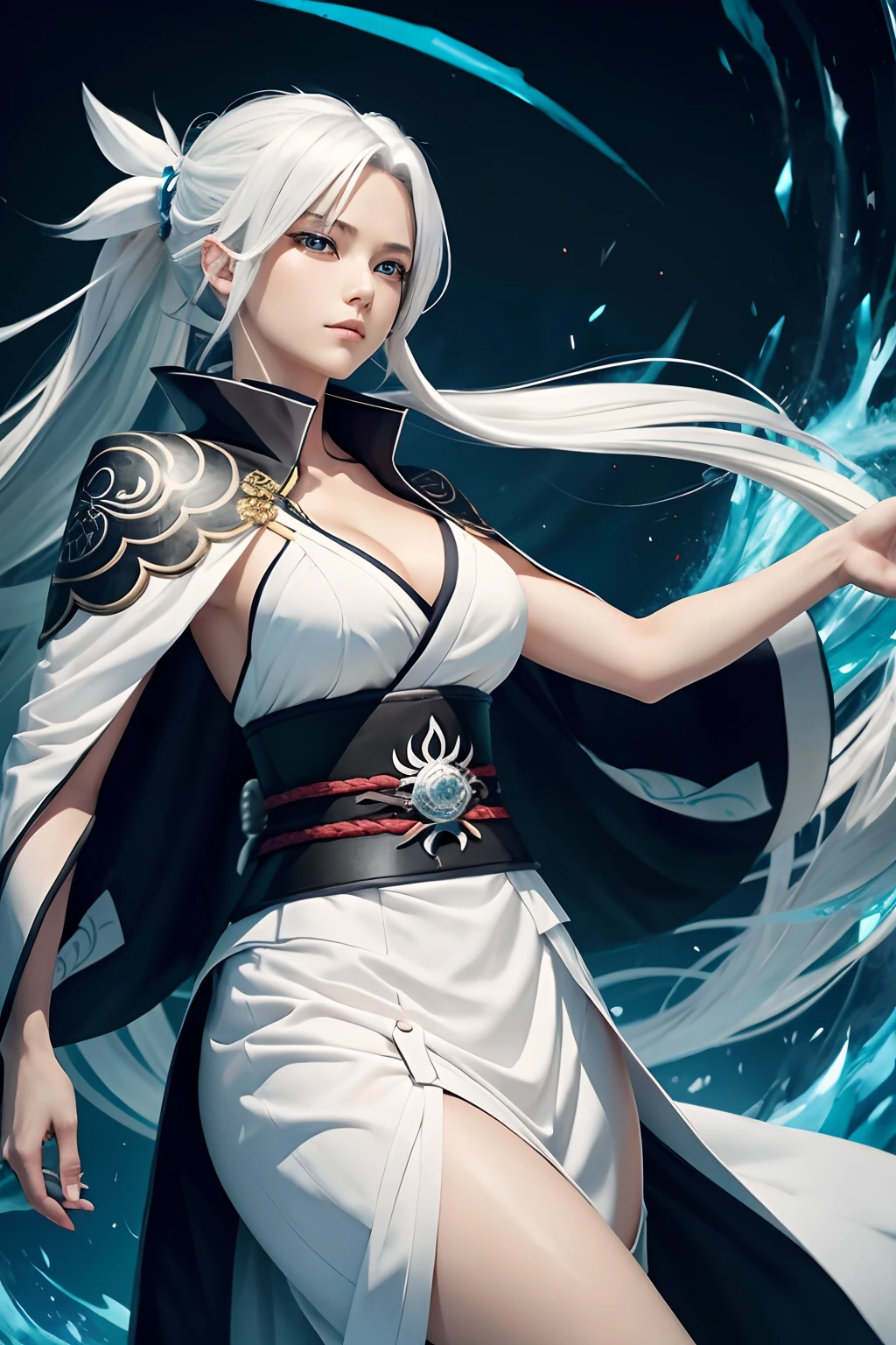 As a female, Tōshirō Hitsugaya would have long, flowing white hair cascading down her back, adding a touch of elegance to her appearance. Her striking turquoise eyes would remain, perhaps with a softer, more captivating gaze. Her facial features would have a delicate, feminine touch while retaining an air of determination.Hitsugaya's traditional shinigami uniform could be slightly modified to accentuate her femininity. She might wear a shihakushō with a slightly more tailored and form-fitting design, featuring a shorter skirt and a stylish belt. The haori (captain's cloak) could be designed with a unique and elegant pattern. C cup breasts, exposed chest