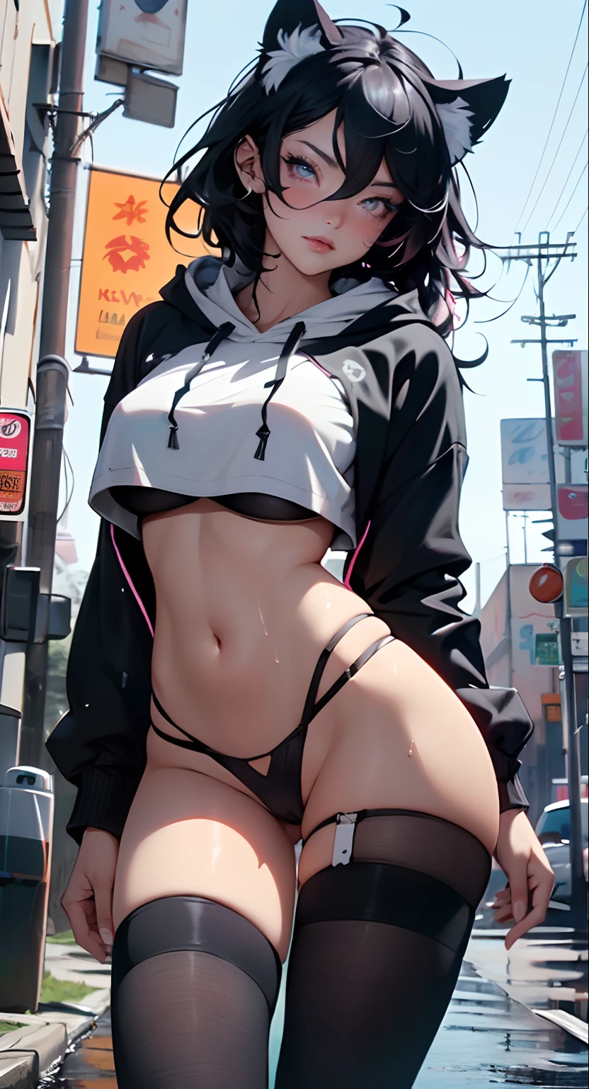 girl spacepunk,(((1girl))),((beautiful girl with bright and luminous cat ears)),

(large breasts:1.4),saggy breasts,((black hair,black messy hair,colored inner hair,large hair,absurdly long unkempt hair:1.35,long black hair,ear breathing)),((((cat ears,cat ears on head,big cat ears)))),(((pink eyes:1.3intricate eyes,beautiful detailed eyes,neon color eyes:1.5,glowing eyes,symmetrical eyes))),((fat)),(((lustrous skin:1.5,bright skin: 1.5,skin tanned,shiny skin,very shiny skin,shiny body,plastic glitter skin,exaggerated shiny skin,illuminated skin,wet legs))),(spider lower abdomen,narrow waist,wide hip,athletic body,inflated legs,delicate detailed fingers,detailed body,human hands,(detailed face)),

cute,slutty,seductive,erotic,(((nsfw))),

(graffiti art in clothes),zettai ryouiki,revealing clothing,show skin,(((underboob))),(cleavage),(semi-naked,with little clothing,((tiny thong)),bare legs,visible thong straps),((((crop top hoodie,cropped hoodie,hoodie,hoodie intricate)))),((wet clothes,intricate outfit,intricate clothes)),

(dynamic pose:1.0),solo focus,embarrassed,(centered,scale to fit dimensions,Rule of thirds),

cyberpunk city by the ocean at night, with bright neon signs and dark stormy clouds and puddles,

highres, sharp focus, (ultra detailed, extremely detailed), (photorealistic artwork:1.37),(extremely detailed CG unity 8k wallpaper),((synthwave background theme)),(((vibrant colors))),(intricate),(masterpiece),(best quality),synthwave neon colors,
