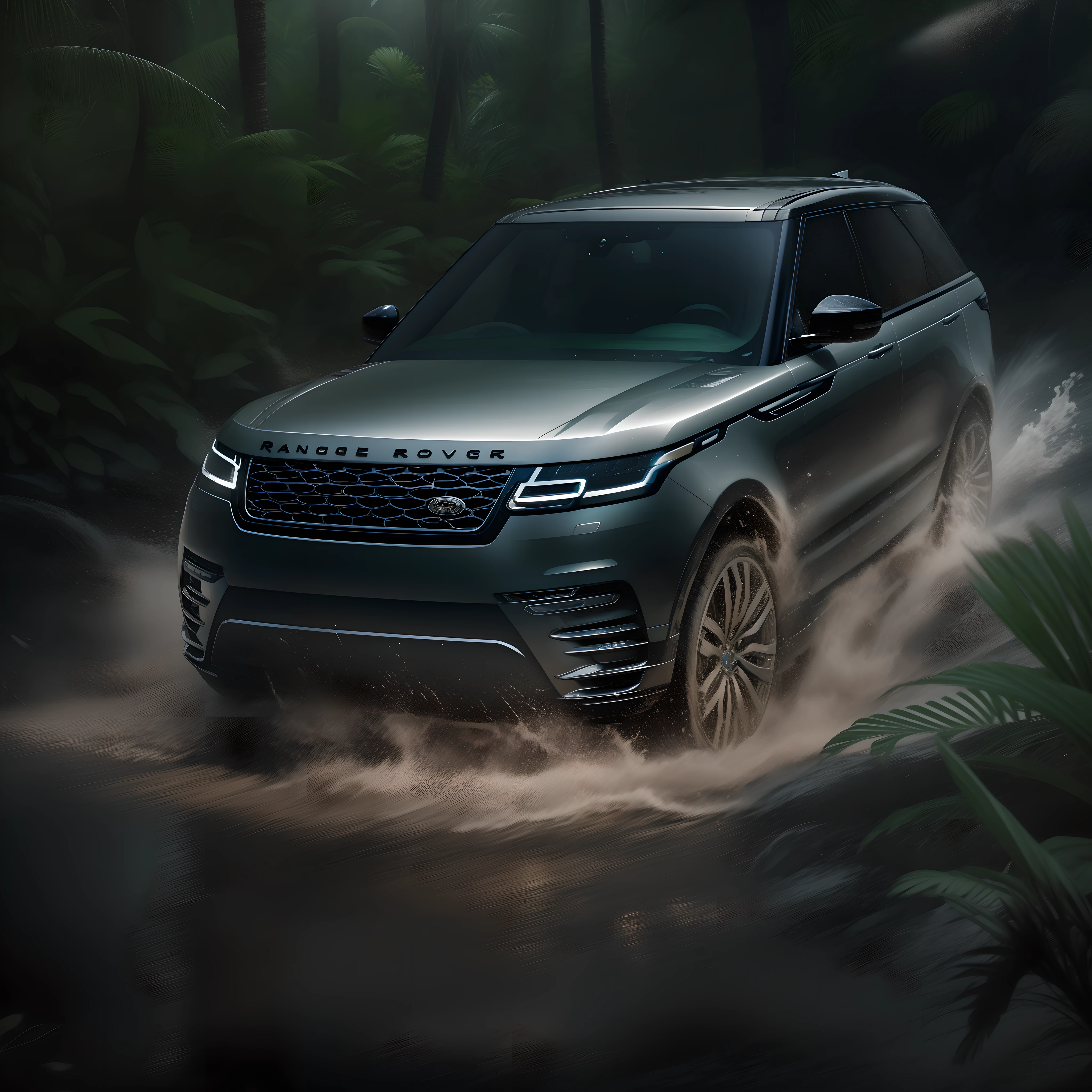 A cinematic photorealistic color digital drawing of Range Rover Velar HSE rushing and splashing at night in the Borneo Tropical Jungle, extreme modified and styled by Kahn Design, insanely detailed and intricate, crisp sharp and clear, volumetric lighting, ultra-high resolution, masterpiece hyper realistic artwork Frank Bellamy, centered, Professional color grading by Kenneth Hines Jr.