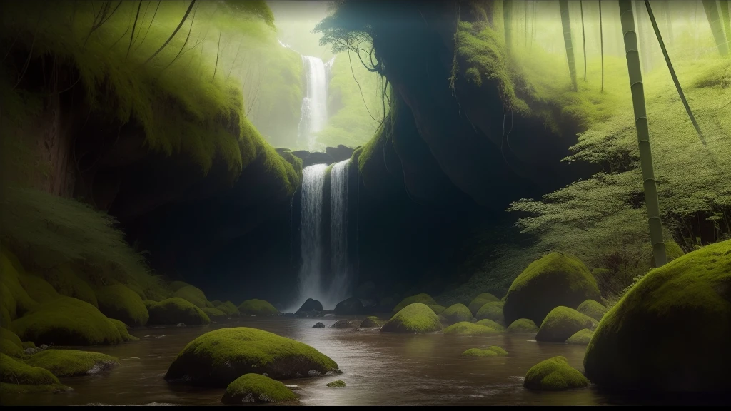 masterpiece、top-quality、8K、hight resolution、ultra-detailliert、deep-forest、Complex leaves and liana、A glimmer of light、Quiet puddle、Pristine lush greenery、vivid flowers々、towering pines、Delicate wood々Decorated with、Picturesque scene of waterfall cascading down a high cliff in lush greenery Bamboo forest