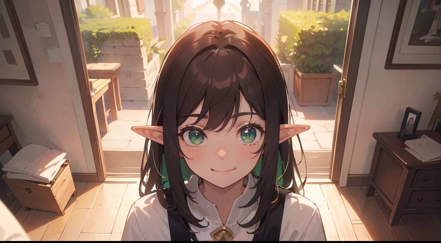 (masterpiece), (best quality), ultra high res, cold pastel tone, upper body, (from above), lens flare, (medieval theme:1.2), ((1 mature woman, solo)), very stunning and gorgeous mature woman, beautiful detailed hair, chestnut brown hair, smooth long hair, beautiful detailed face, perfect beautiful face, (elf ears), ((beautiful shape eyes, green eyes)), look at the viewer, comfortable face, smiles, (in the room, beautiful morning time:1.2), in medieval renaissance dress