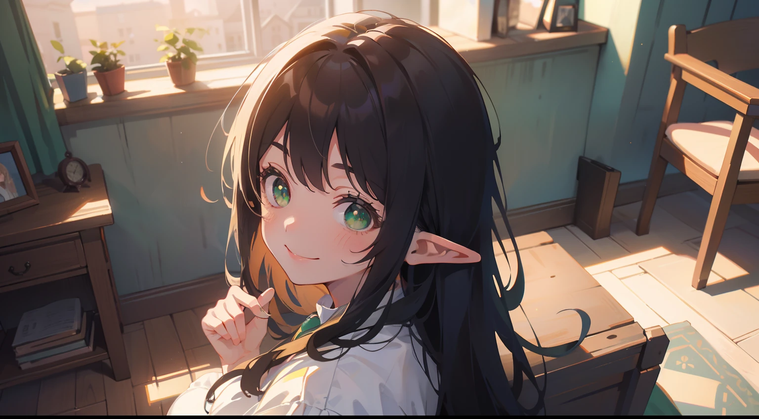 (masterpiece), (best quality), ultra high res, cold pastel tone, upper body, (from above), lens flare, (medieval theme:1.2), ((1 mature woman, solo)), very stunning and gorgeous mature woman, beautiful detailed hair, chestnut brown hair, smooth long hair, beautiful detailed face, perfect beautiful face, (elf ears), ((beautiful shape eyes, green eyes)), look at the viewer, comfortable face, smiles, (in the room, beautiful morning time:1.2), in medieval renaissance dress