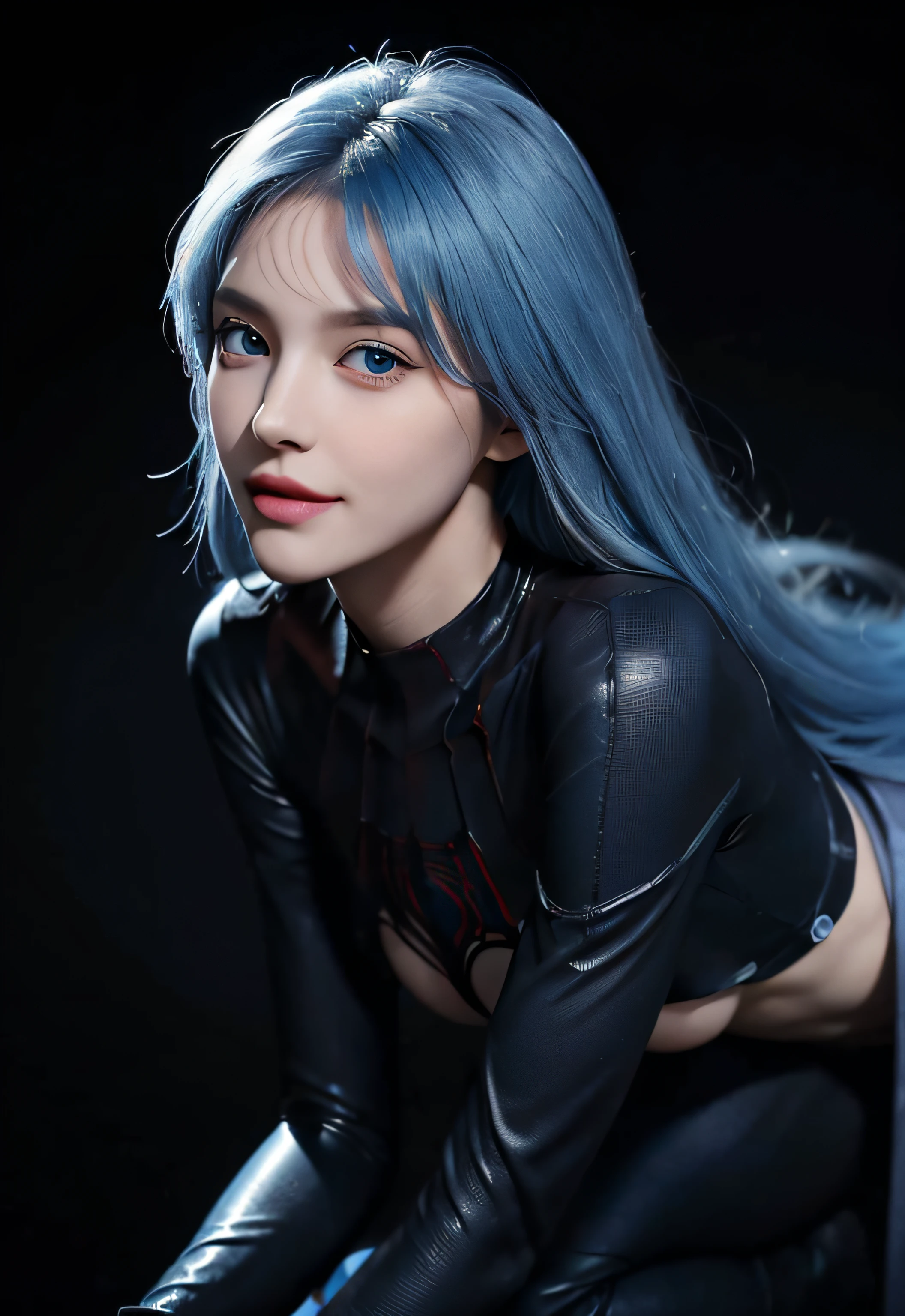 8K, Top Quality, Intricate Details, Ultra Detail, Ultra High Resolution, Masterpiece, random angle, Slender, Smile, (Makeup: 0.4), (Fluffy Blue Eyes: 1.21), blue Eyes, looking at viewer, ((full body)), 1girl, solo, 1 girl, (( full body)), close up shot, feminine and sexy posture, ((tall)), (((fit body))), (((slim face))), sharp face, sharp eyes, (((sky blue hair, long hair, side bangs)) (detailed face), sharp face, small lips half open lips, pureerosfaceace_v1,
((full black spiderman suit, )), detailed face, detailed breast, big breast, large breast, detail ass, round ass, Beautiful girl with accentuated slender abs: 1.4, Six Pack Abs: 1.4, Bust Botox, Big, Perfect Body, detail leg, (Dark Night Background: 1.2)