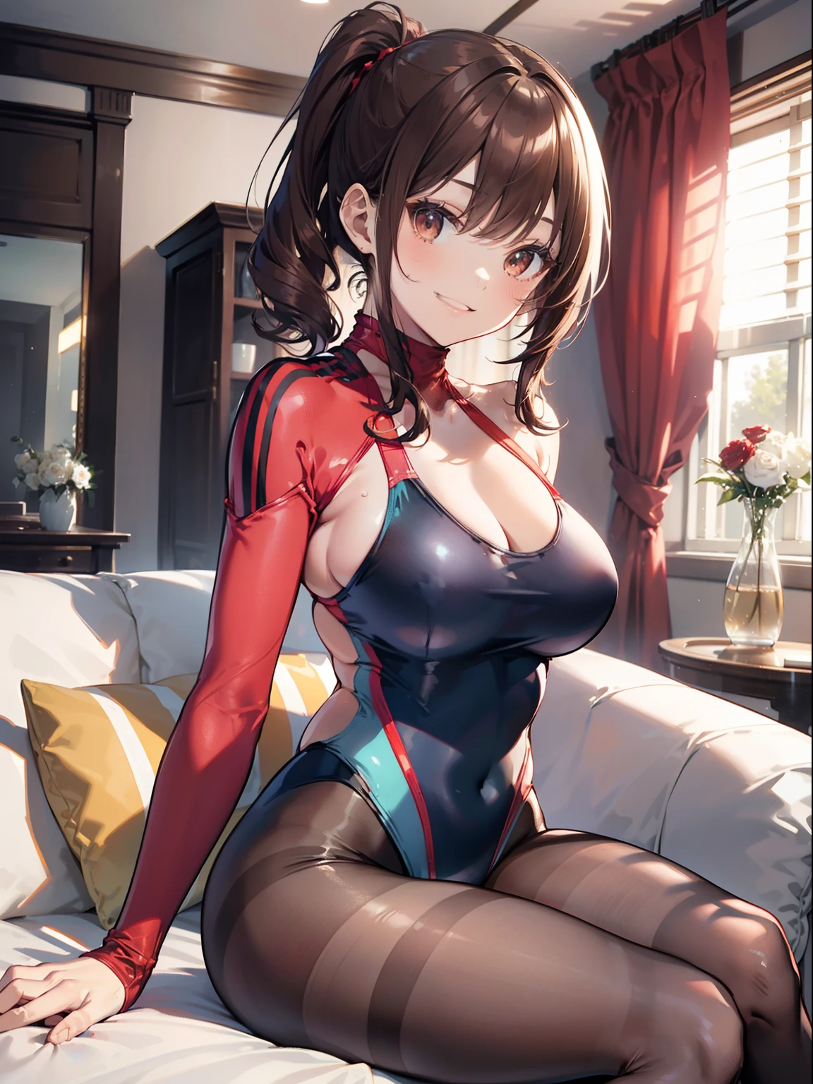 top-quality、Full limbs、complete fingers、Slender beauty、poneyTail、Brown hair、Medium Hair、(Red high neck long sleeve competition swimsuit:1.3)、(Brown pantyhose:1.3)、Beautiful Large Breasts、Luxurious living room、Luxurious sofa、A big smile