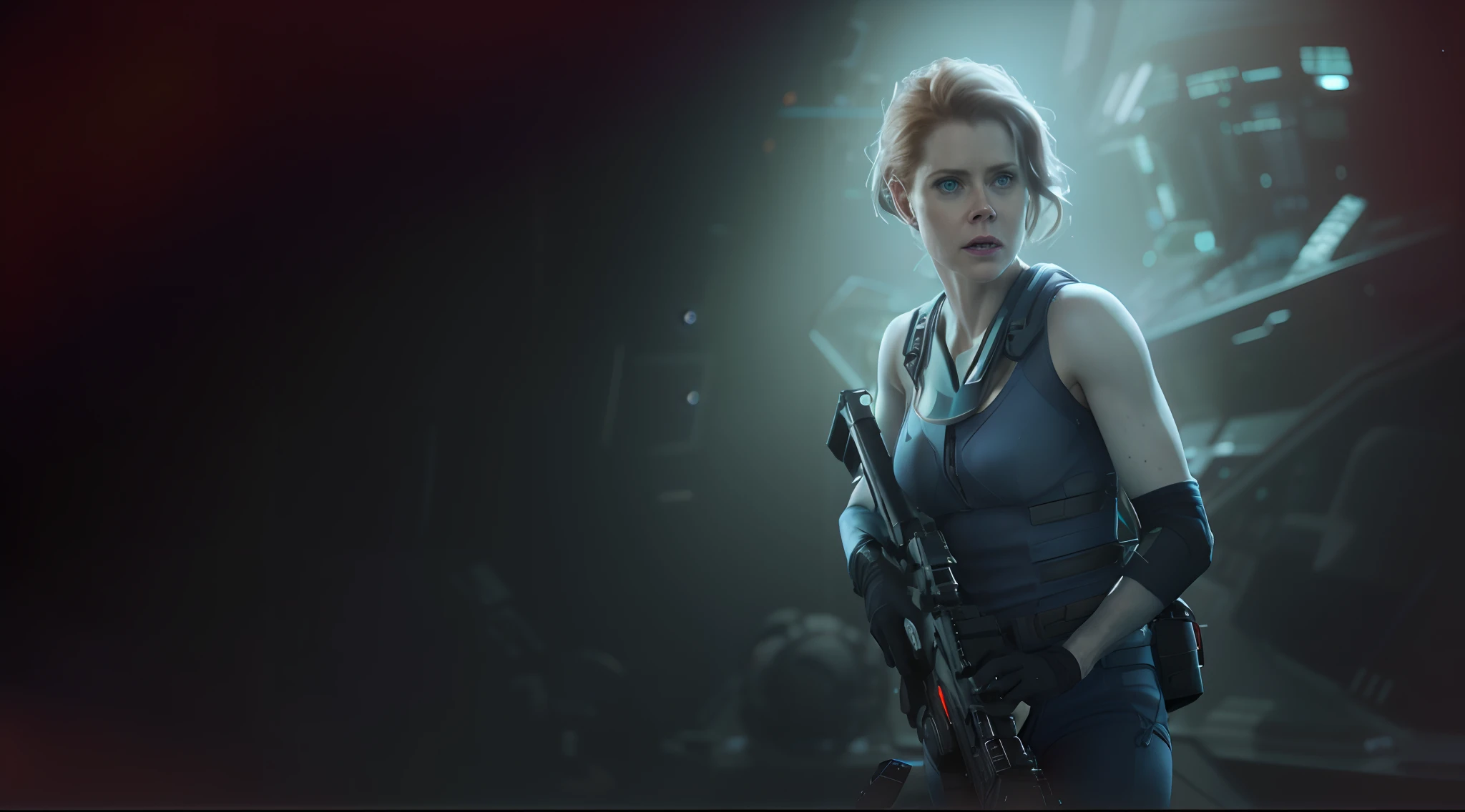 Hot terrified Sci fi Amy Adams wearing sci fi suit on Ishimura Horror Space Ship photography, natural light, photorealism, cinematic rendering, ray tracing, the highest quality, the highest detail, Cinematic, Third-Person View, Blur Effect, Long Exposure, 8K, Ultra-HD, Natural Lighting, Moody Lighting, Cinematic Lighting