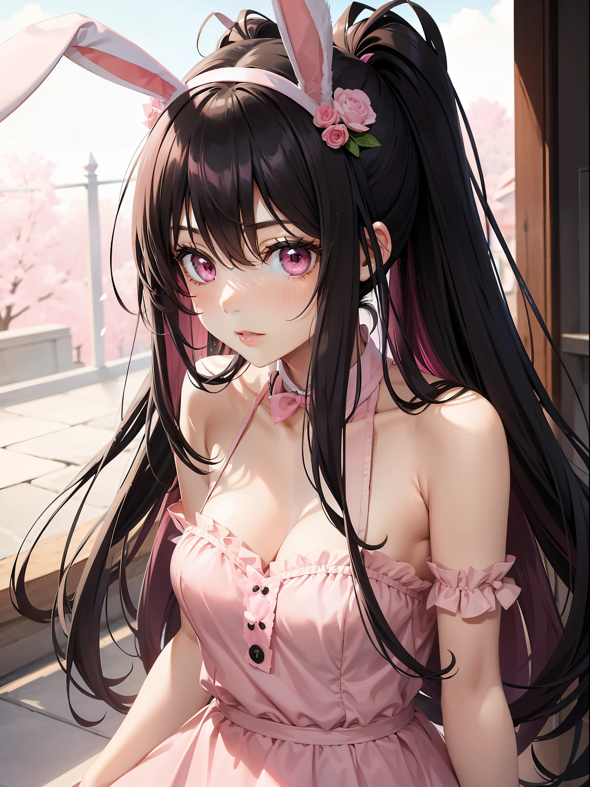 a women, pink bunny ears, black hair, pink eyes, pink dress