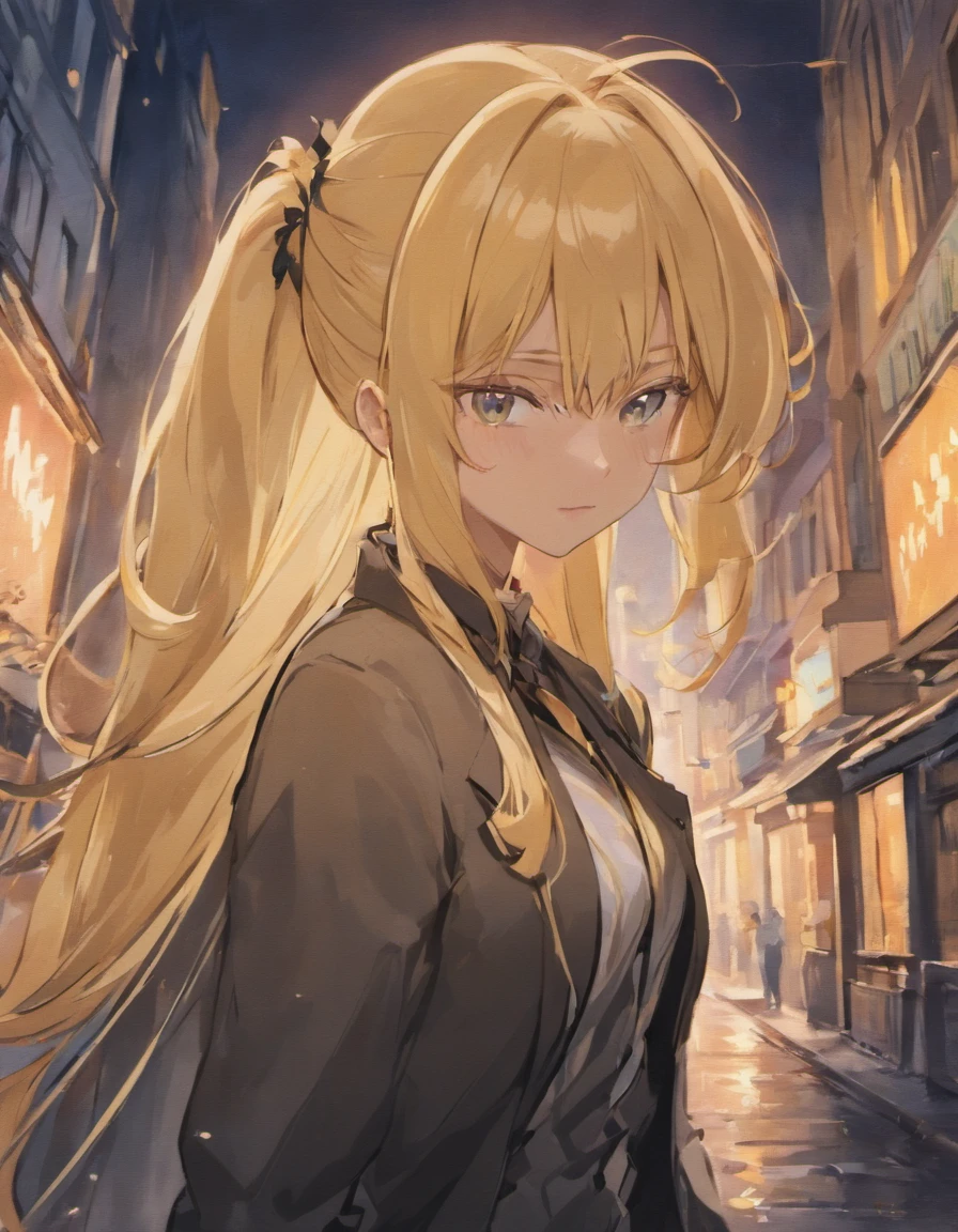 anime man,long hair,long ponytail,low ponytail,blonde,golden hair,golden eyes,stylish,suit,herlock holmes,detective,sarcastic,comic expression,looking at observer,standing,london street background , London at night in the background, sharp eyes, smiling, dark skin, black man, pointy bangs, elegant hat
