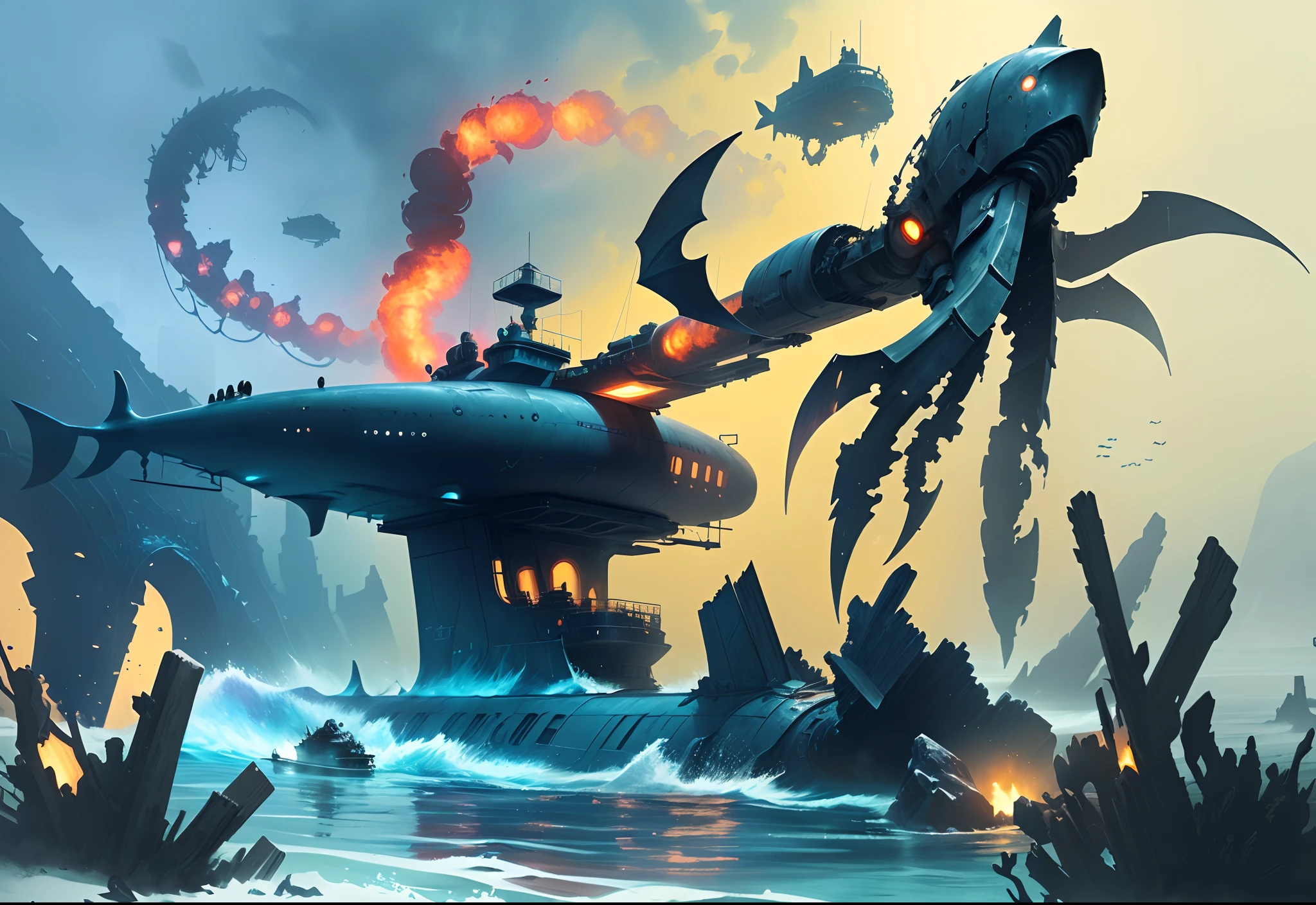 There is a submarine floating in the water,There is a sign on it, deep sea horror, photorealistic dark concept art, in a underwater horror scene, Underwater battle scenes, abyssal, beached submarine, highly realistic concept art, a dark underwater scene, giant submarine, amazing concept painting, concept art-h 640, eerie nostalgic concept art