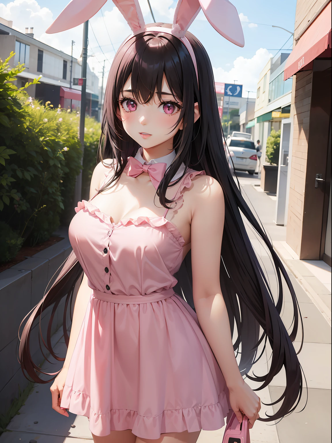 a women, pink bunny ears, black hair, pink eyes, pink dress