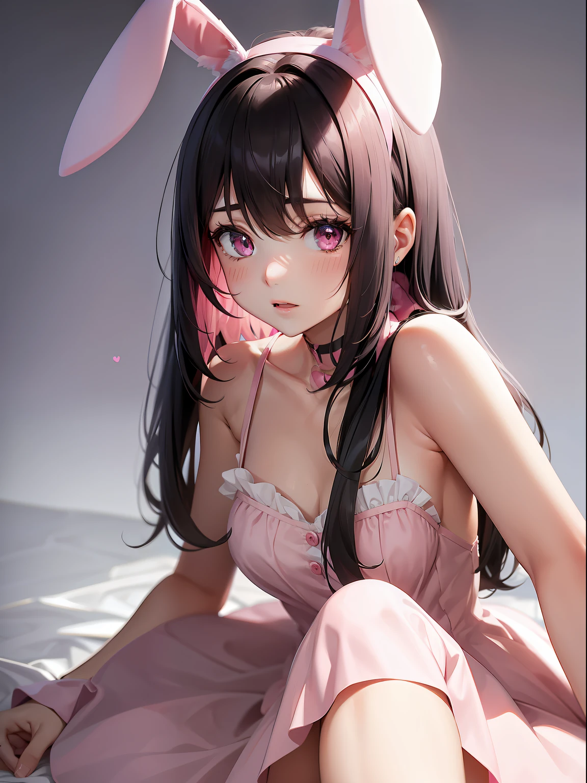 a women, pink bunny ears, black hair, pink eyes, pink dress