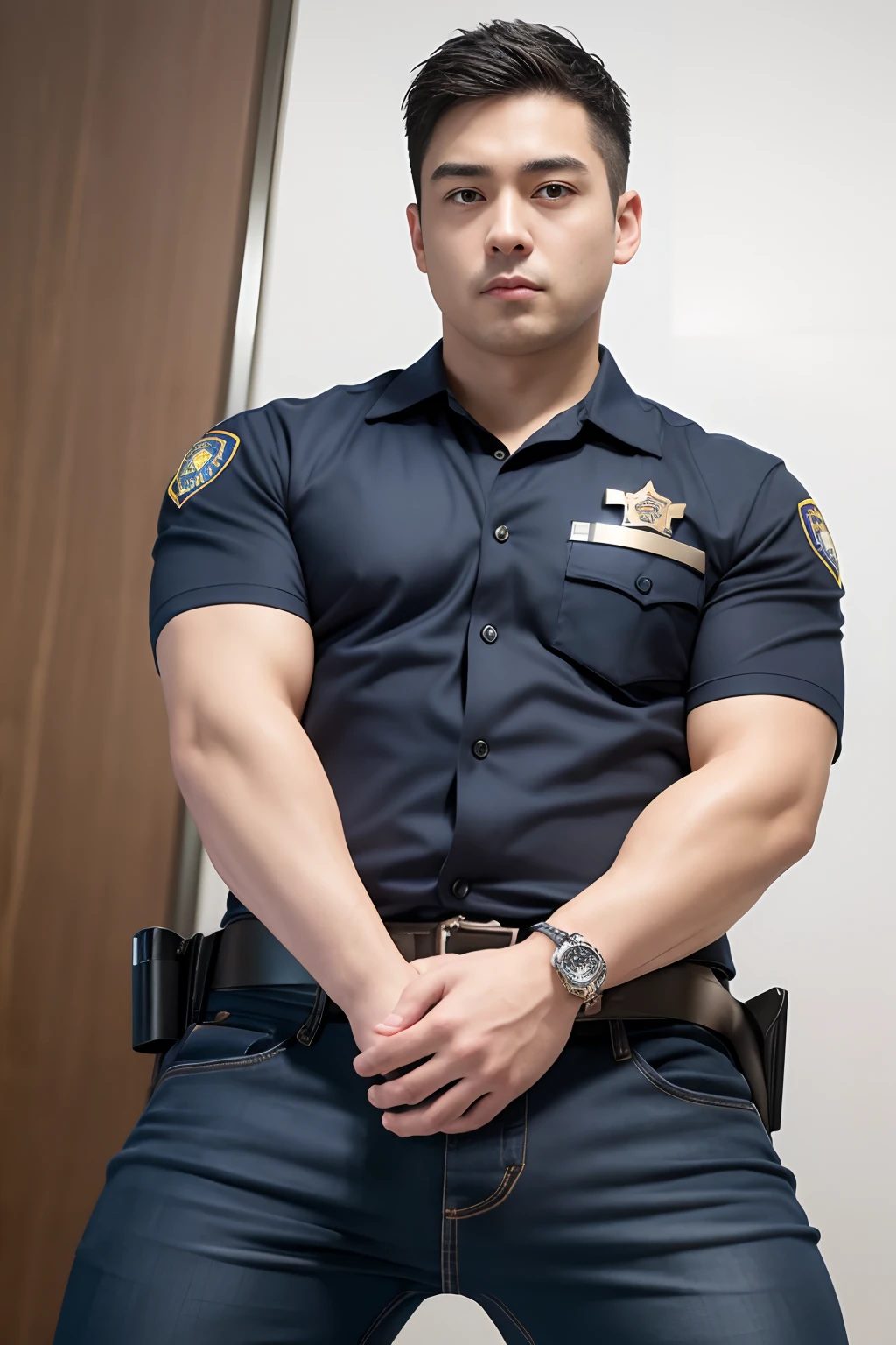 top-quality、masterpiece、超A high resolution、(realisitic:1.4)、详细的脸、独奏、1human male、The upper part of the body、Dark hair、glistning skin、dense skin、(asian human)、architectural、(absurderes、hight resolution、ultra-detailliert)、、1 male、Adults、(20-year-old man)、a handsome、tall muscular man、broad shoulder、extra very short hair、angular jaws、thick neck、thick eyebrow、extra very short hair、A dark-haired、fine eyes and detailed face、 Highly detailed CG Unity 8K wallpapers、intricate-detail、(Style Swirl Magic:0.7)、looking at the spectator、独奏、(full body Esbian:0.6)、细致背景、A detailed face、dynamicposes、、Urban background、dynamic compositions、 big muscle、、((((Crotch bulge))))、a handsome、 ((masutepiece:1.4, Best Quality)), ((masutepiece, Best Quality)), (photographrealistic:1.4)、(((police officers)))、(Japan Police Officer), Sweating, (He is wet, Wet 1.2), , Blood vessels in the arm,japanese male、having clothes are worn、Wild personality,Be proactive,It rained heavily,in Japan,Top Police Uniforms in Japan,Japan Police Uniform Pants,Right handcuff,Batons, Handgun in left hand、Doctor's Pants,full body Esbian、Blue shirt、Wild Pose