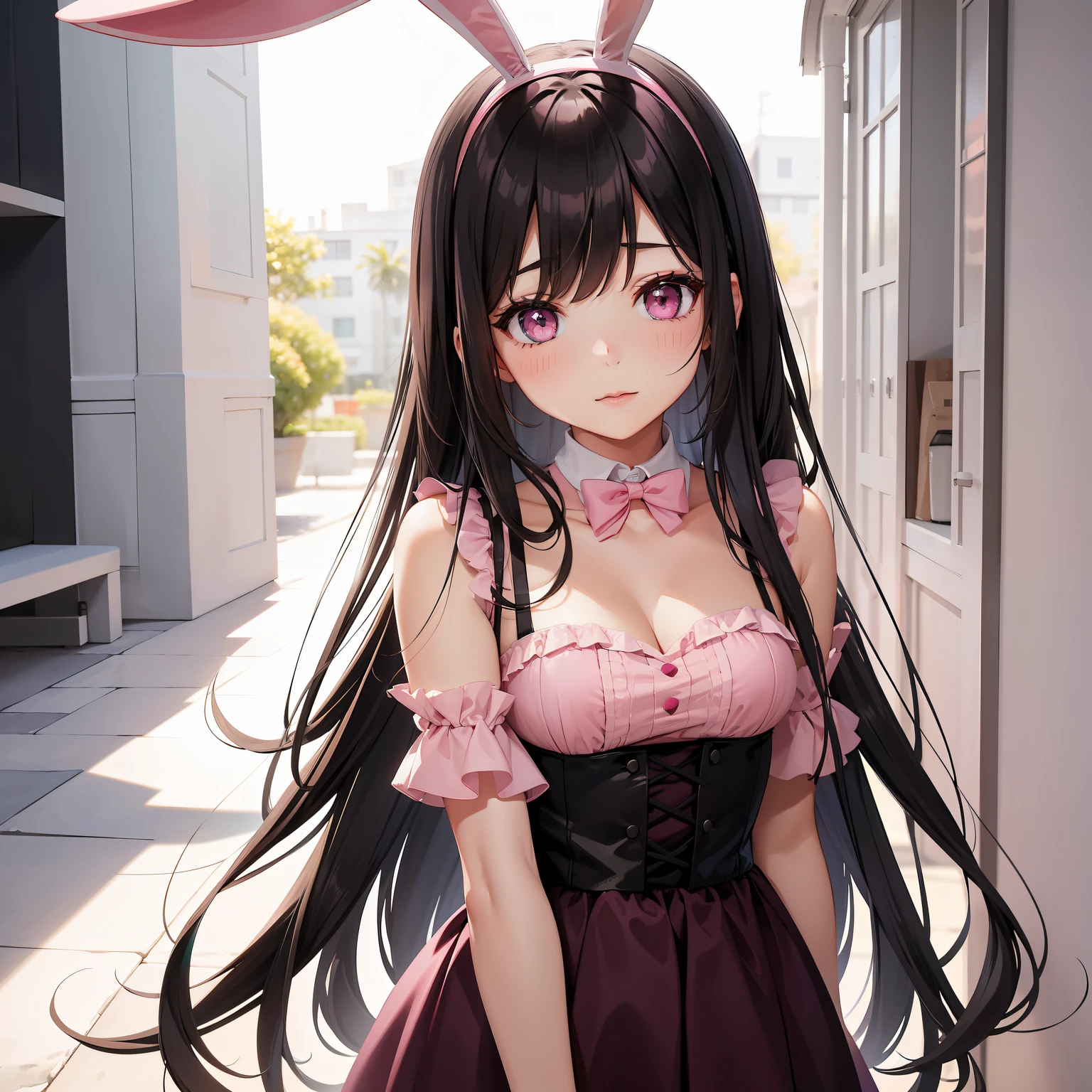 a women, pink bunny ears, black hair, pink eyes, pink dress