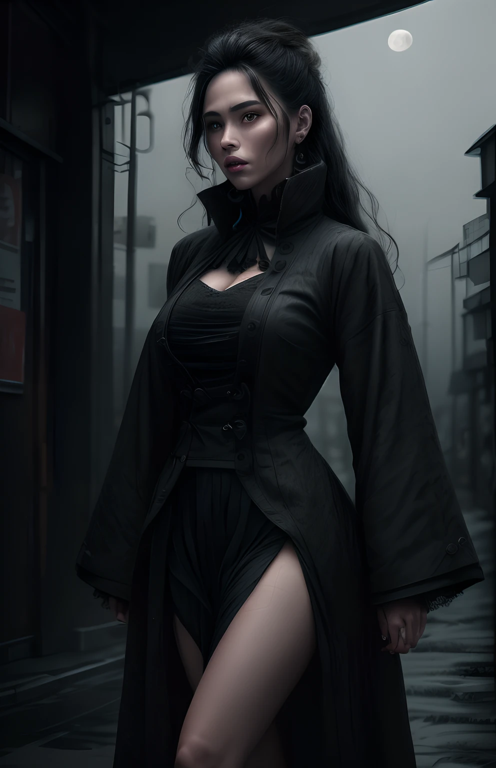 Horror theme element, realistic high quality masterpiece, (beautiful) Japanese female, age 27,wavy long black hair, walking down dark moonlit alley,moon in sky in background, moonlit,with fog and shadows, spooky,nightime,cinematic lighting,dressed conservatively, wearing a deep purple lace top & double breasted coat black (buttoned up) closed coat black, medium length black skirt black., fix hands, detailed lips