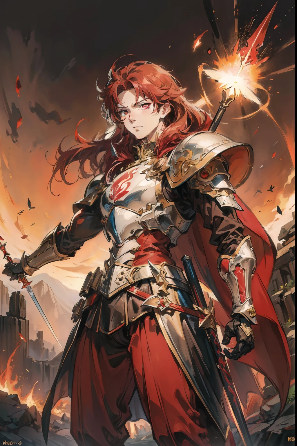 Prince,red hair,brown eyes,spear,magic,knight,hero,8k,realistic,hd,high quality,tall, young adult, hd, tall