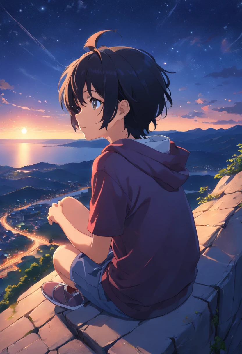 A black hair, ahoge, Sleepy, Sulking, anime big breast, Anime style, Chiaroscuro, Depth of field, Motion blur, hyper HD, High details, High quality, High resolution close-up of high school male student sitting on cliff with side face,The background is a clear blue starry sky