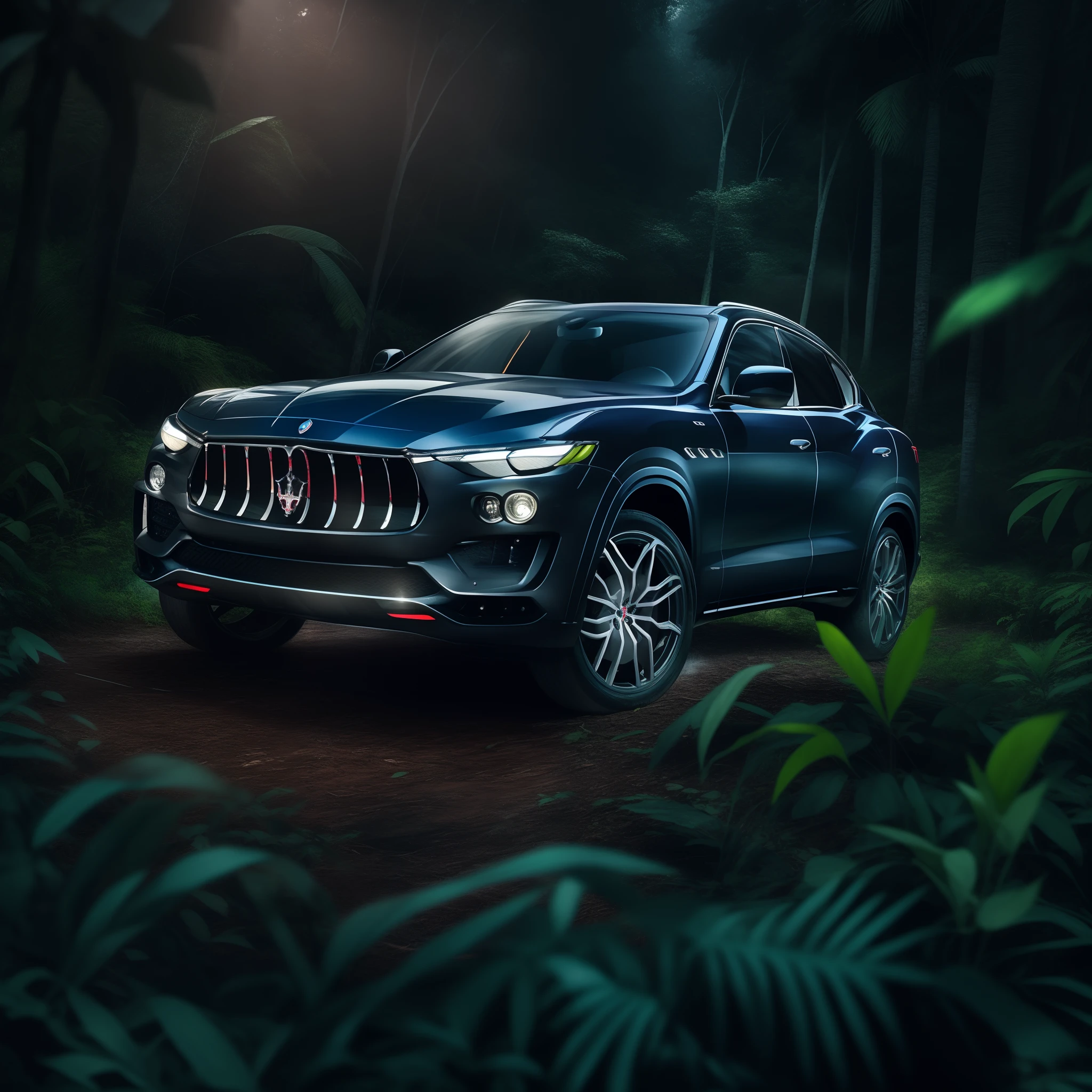 A cinematic photorealistic color digital drawing of Maserati Levante at night in the Borneo Tropical Jungle, extreme modified and styled by Kahn Design, insanely detailed and intricate, crisp sharp and clear, volumetric lighting, ultra-high resolution, masterpiece hyper realistic artwork Frank Bellamy, centered, Professional color grading by Kenneth Hines Jr.