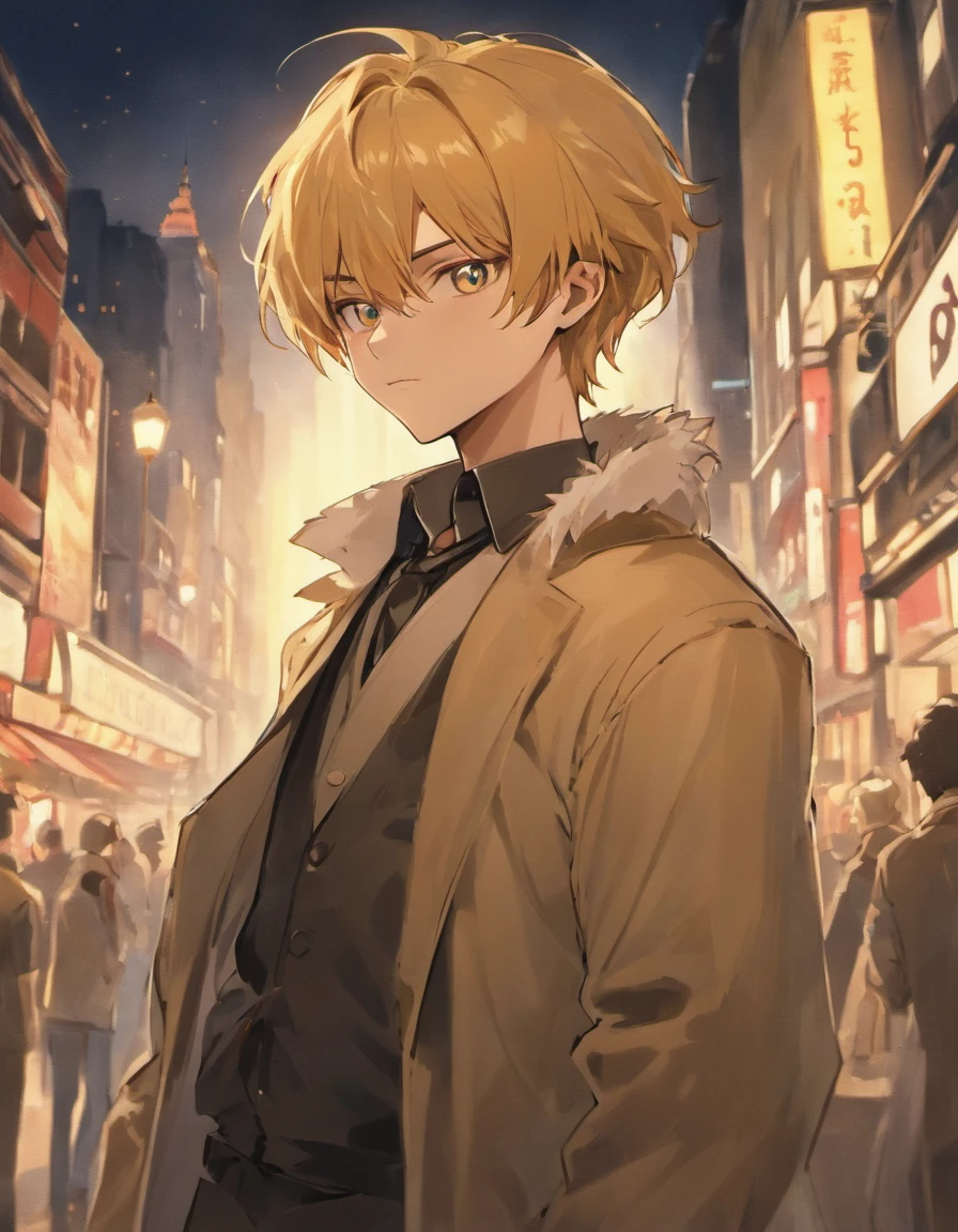 anime man,long hair,long ponytail,low ponytail,blonde,golden hair,golden eyes,stylish,suit,herlock holmes,detective,sarcastic,comic expression,looking at observer,standing,london street background , London at night in the background, sharp eyes, smiling, dark skin, black man, pointy bangs, elegant hat,1boy,1male,solo,1man