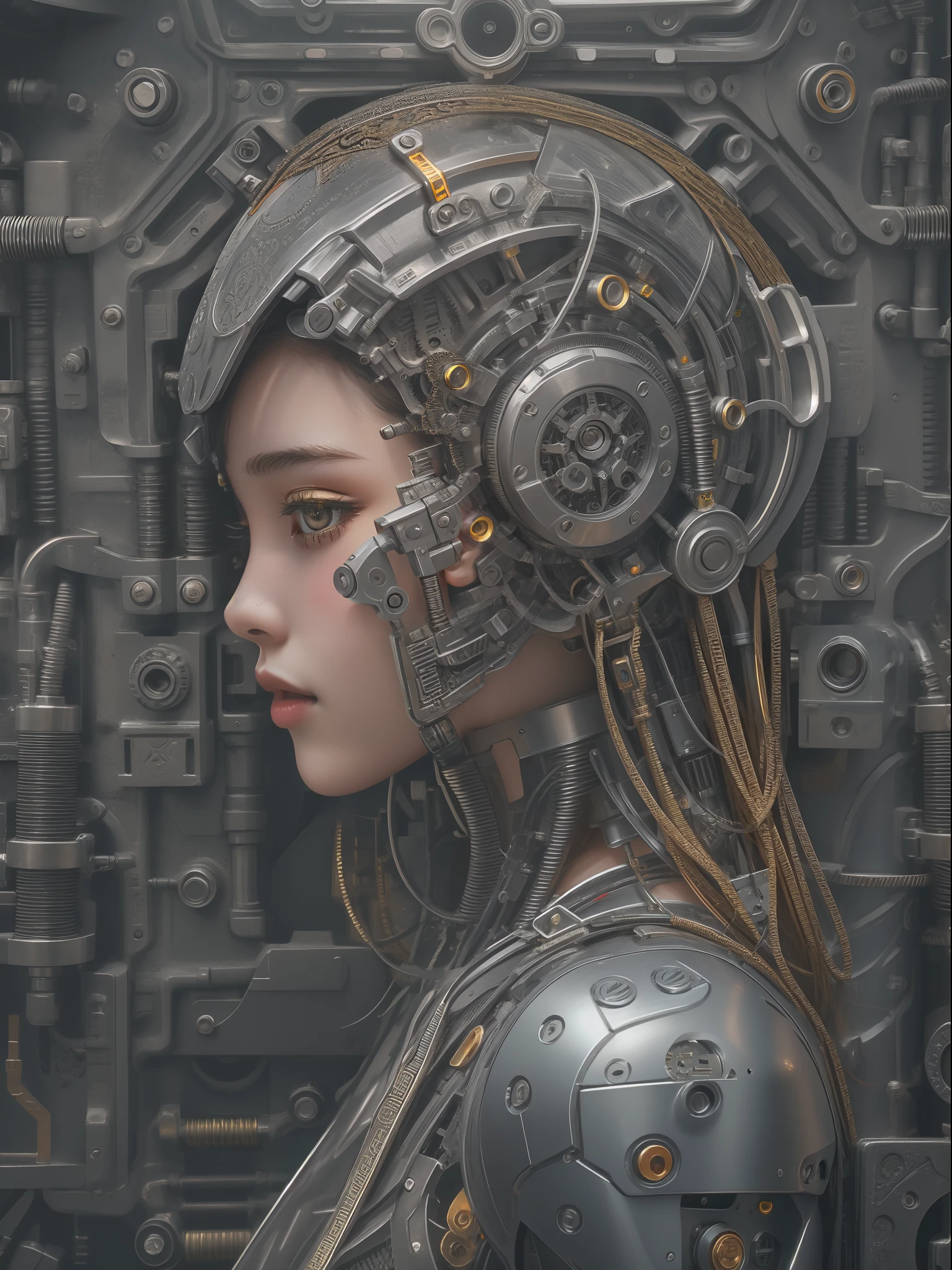 a girl made out of metal, (cyborg:1.1), (intricate details), hdr, (intricate details, hyperdetailed:1.2), cinematic shot, vignette, centered