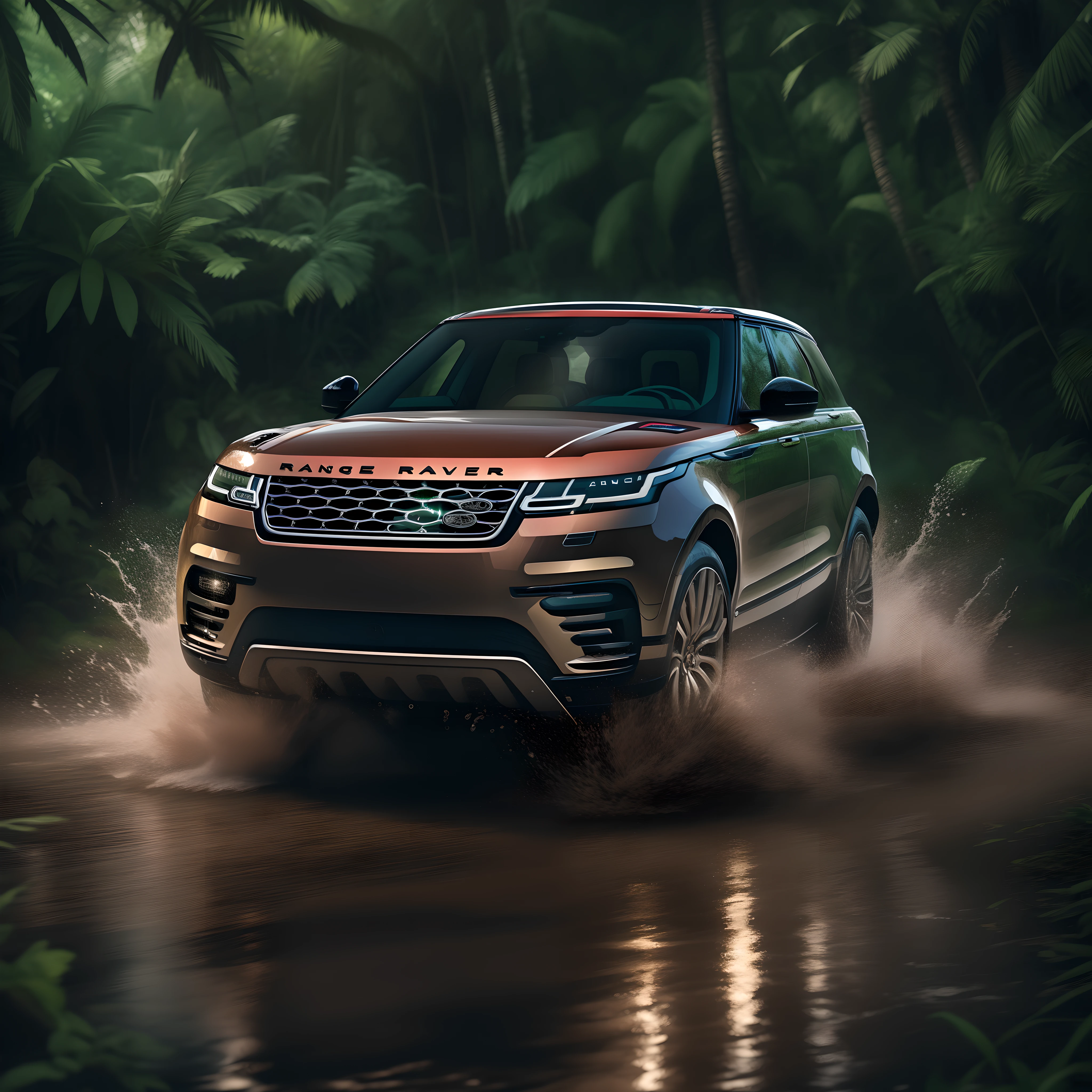 A cinematic photorealistic color digital drawing of Range Rover Velar HSE rushing and splashing at night in the Borneo Tropical Jungle, extreme modified and styled by Kahn Design, insanely detailed and intricate, crisp sharp and clear, volumetric lighting, ultra-high resolution, masterpiece hyper realistic artwork Frank Bellamy, centered, Professional color grading by Kenneth Hines Jr.