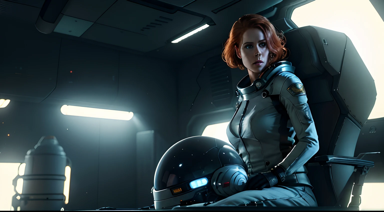 Hot terrified Sci fi Amy Adams on Ishimura Horror Space Ship photography, natural light, photorealism, cinematic rendering, ray tracing, the highest quality, the highest detail, Cinematic, Third-Person View, Blur Effect, Long Exposure, 8K, Ultra-HD, Natural Lighting, Moody Lighting, Cinematic Lighting