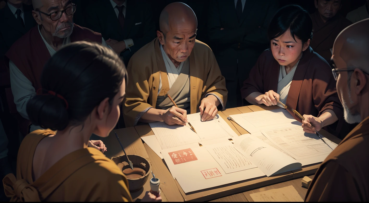 many people, dojo, crowd, The monk writes spells on paper with a brush,and the pupils curiousity