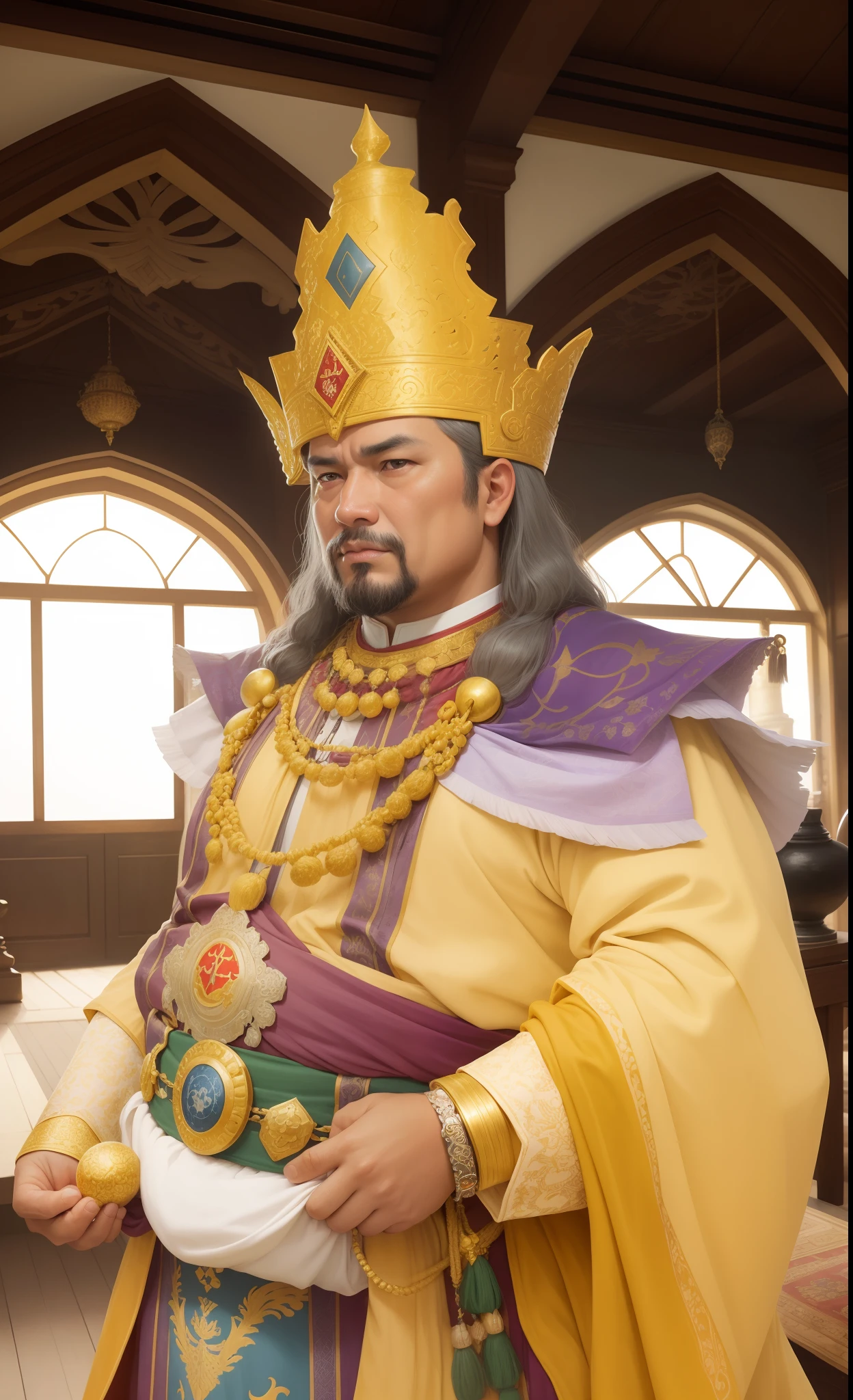 Almanzor, Sultan of Tidore, Sultan in Indonesia SouthEastAsia, Muslim, very expensive and luxurious Sultan clothes, fat and chubby, old, wrinkles, 16th century, renaissance, age of exploration, age of 50, darkish skin, man, Indonesian, impressive, Deep outline, coward, playful, curious, decisiveness, lazy, cunning, realism, realistic, happy, open-minded, greedy, optimistic, happy, passive, amiable, peaceful, lewdness, energetic, knowledgeable, intelligent, clever, solid, majesty, sophisticated, opportunist, open-minded