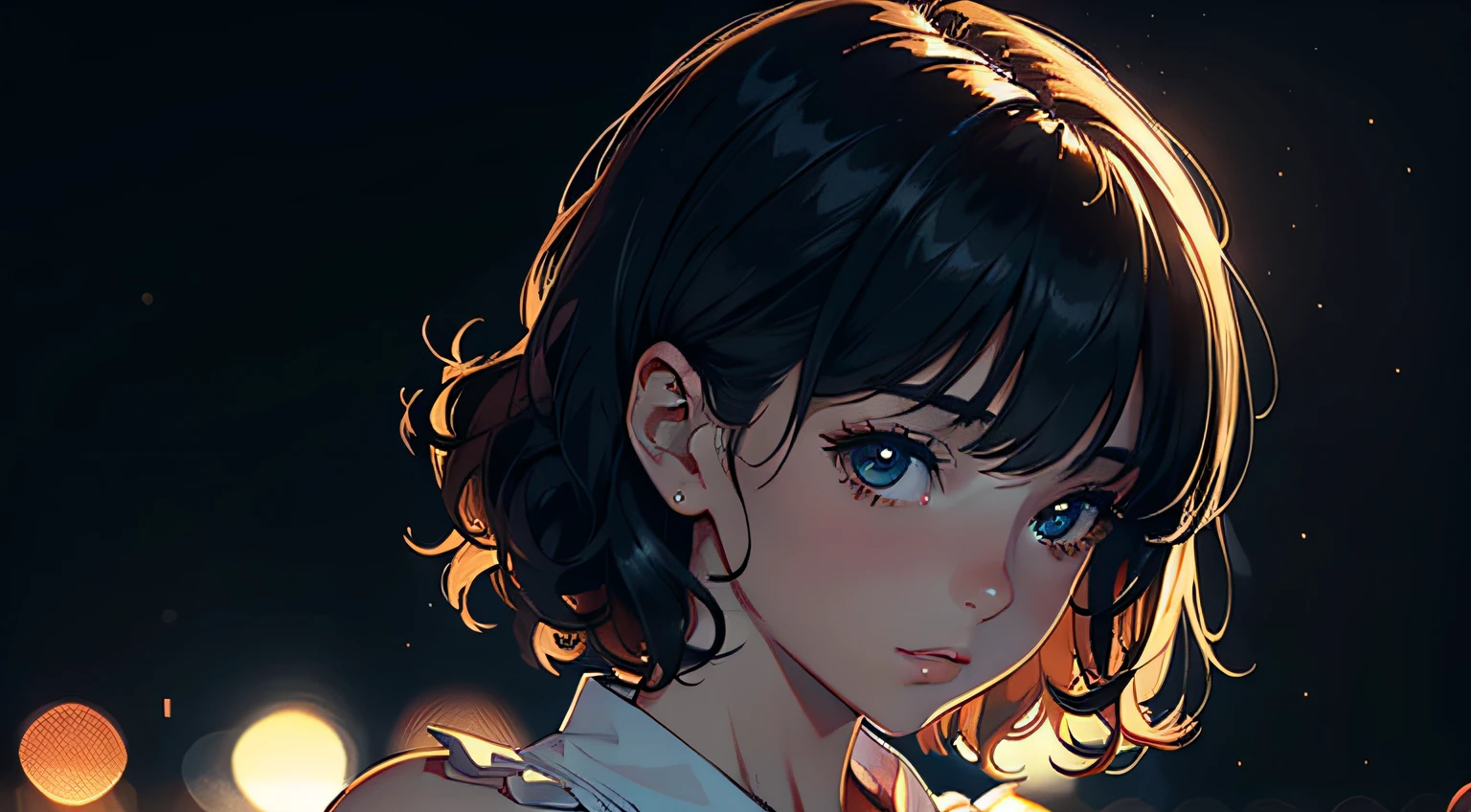 the beautiful and delicate girl, photorealistic, bright color, upper_body, view straight on, focus on the girl, head_tilt, girl,woman,female, young,20 years old, short hair, curly hair, blunt bangs, hair between eyes, black hair, hair fluttering in the wind, delicate beautiful face, ^_^, bright eyes, night, night, night, bokeh, absurdres, wallpaper 8k CG, extremely detailed CG 8k wallpaper