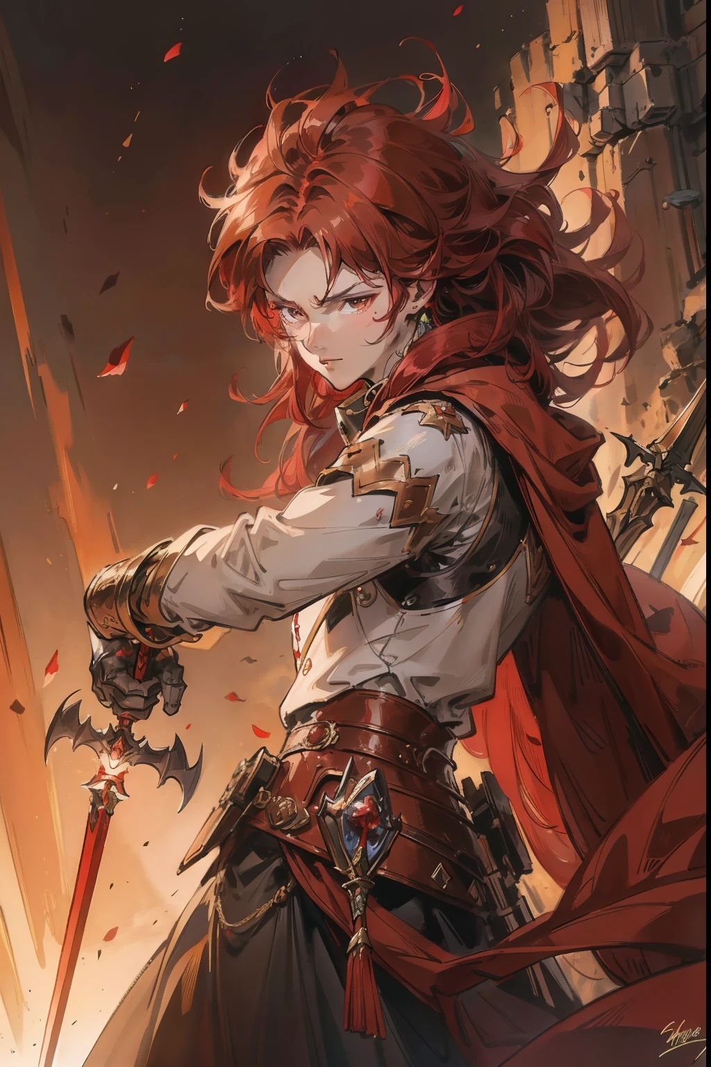 Prince,red hair,brown eyes,spear,magic,knight,hero,8k,realistic,hd,high quality,tall, young adult, hd, tall