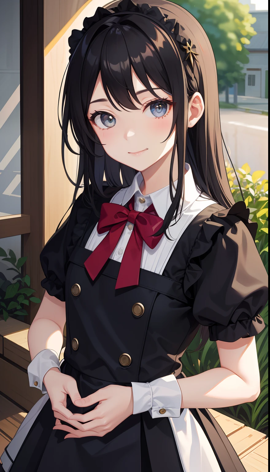 1girl in、AS-Adult、A smile、The shirt、skirt by the、(small tits)、doress、pinafore、hair adornments、(Maids)、Upper body portrait、