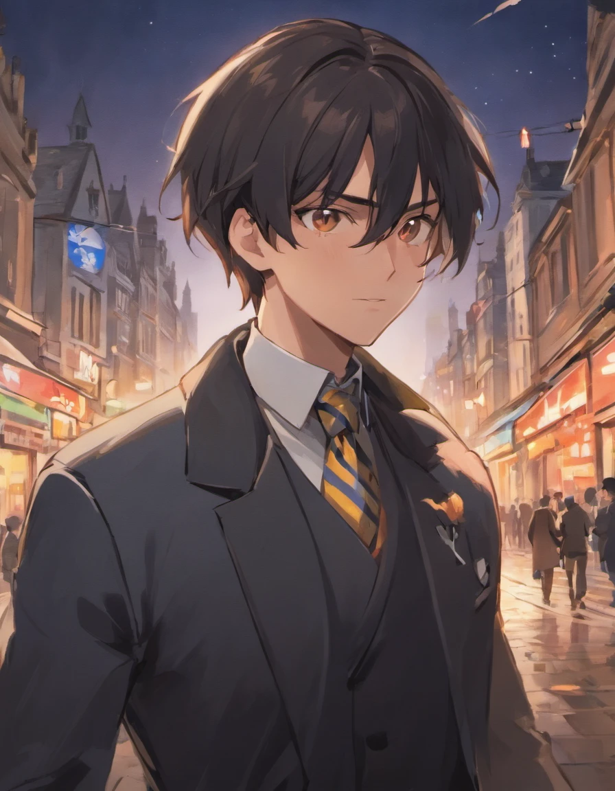 Homem de Anime,cabelos longos,rabo de cavalo longo,rabo de cavalo baixo,louro,cabelos dourados,olhos dourados,elegante,naipe,Herlock Holmes,Detetive,Sarcastic,Comic expression,Olhando para o observador,Standing,Fundo da rua de Londres , London at night in the background, sharp eyes, sorridente, pele escura, homem negro, franja pontiaguda, elegantemente tem,1st grade,1Masculino,sozinho,1 homem,roupas vitorianas,londres vitoriana,rabo de cavalo,cabelo longo