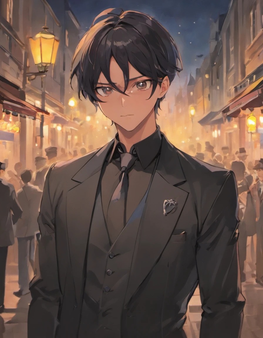 Homem de Anime,cabelos longos,rabo de cavalo longo,rabo de cavalo baixo,louro,cabelos dourados,olhos dourados,elegante,naipe,Herlock Holmes,Detetive,Sarcastic,Comic expression,Olhando para o observador,Standing,Fundo da rua de Londres , London at night in the background, sharp eyes, sorridente, pele escura, homem negro, franja pontiaguda, elegantemente tem,1st grade,1Masculino,sozinho,1 homem,roupas vitorianas,londres vitoriana,rabo de cavalo,cabelo longo