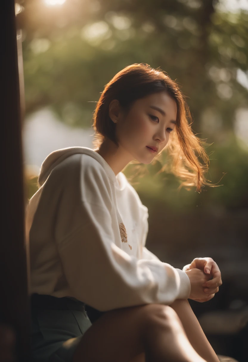 ((of the highest quality, 8K,Raw photo)), (Realistic, Photorealistic: 1.37), (Face Focus: 1.1), Small breasts, flat chest, Longhaire, A Japanese Lady、20yr old、Japan idol system、(white sweatshirt: 1.1)、Skirt, Sitting, Arms up, From below, Sunlight, Movie Lighting,