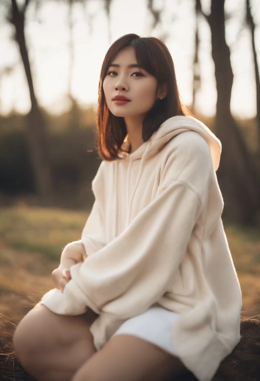 ((of the highest quality, 8K,Raw photo)), (Realistic, Photorealistic: 1.37), (Face Focus: 1.1), Small breasts, flat chest, Longhaire, A Japanese Lady、20yr old、Japan idol system、(white sweatshirt: 1.1)、Skirt, Sitting, Arms up, From below, Sunlight, Movie Lighting,
