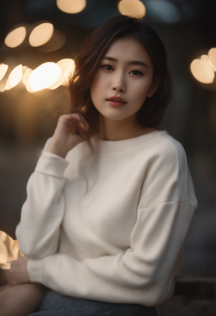 ((of the highest quality, 8K,Raw photo)), (Realistic, Photorealistic: 1.37), (Face Focus: 1.1), Small breasts, flat chest, Longhaire, A Japanese Lady、20yr old、Japan idol system、(white sweatshirt: 1.1)、Skirt, Sitting, Arms up, From below, Sunlight, Movie Lighting,