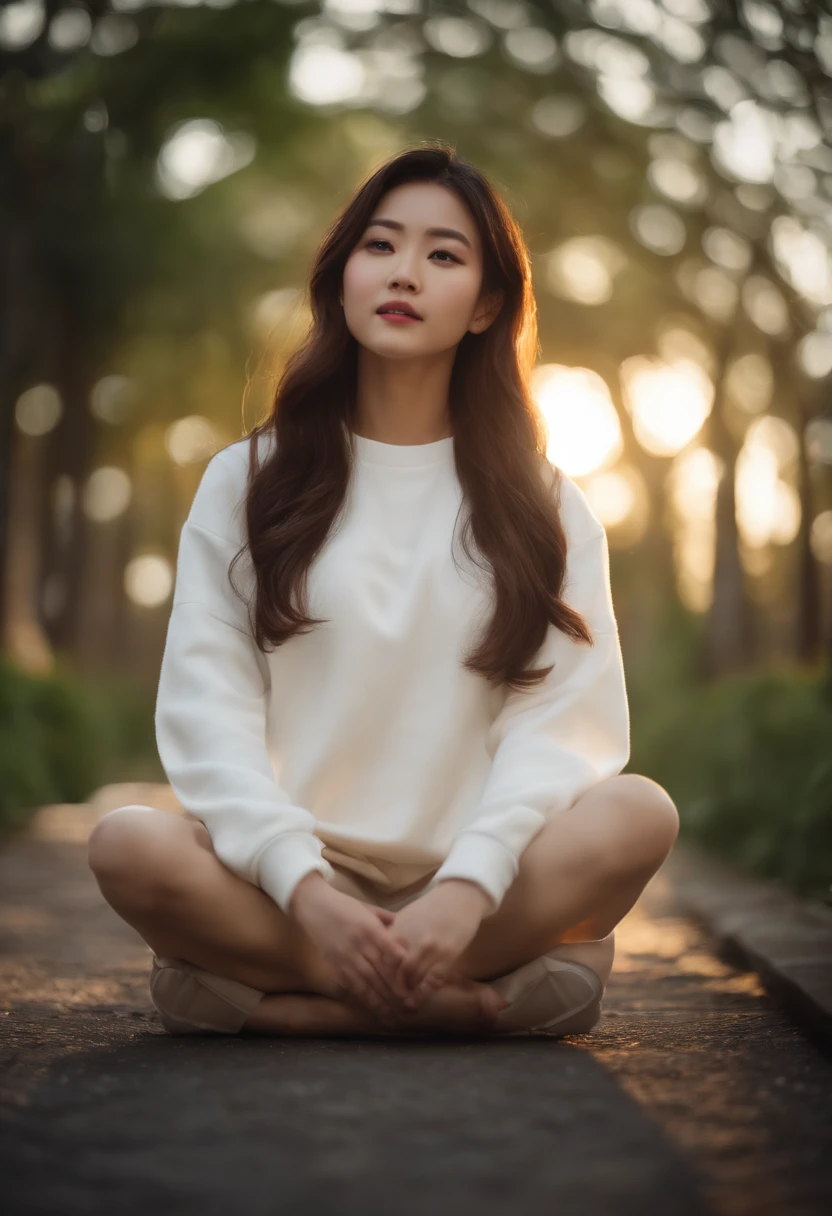 ((of the highest quality, 8K,Raw photo)), (Realistic, Photorealistic: 1.37), (Face Focus: 1.1), Small breasts, flat chest, Longhaire, A Japanese Lady、20yr old、Japan idol system、(white sweatshirt: 1.1)、Skirt, Sitting, Arms up, From below, Sunlight, Movie Lighting,