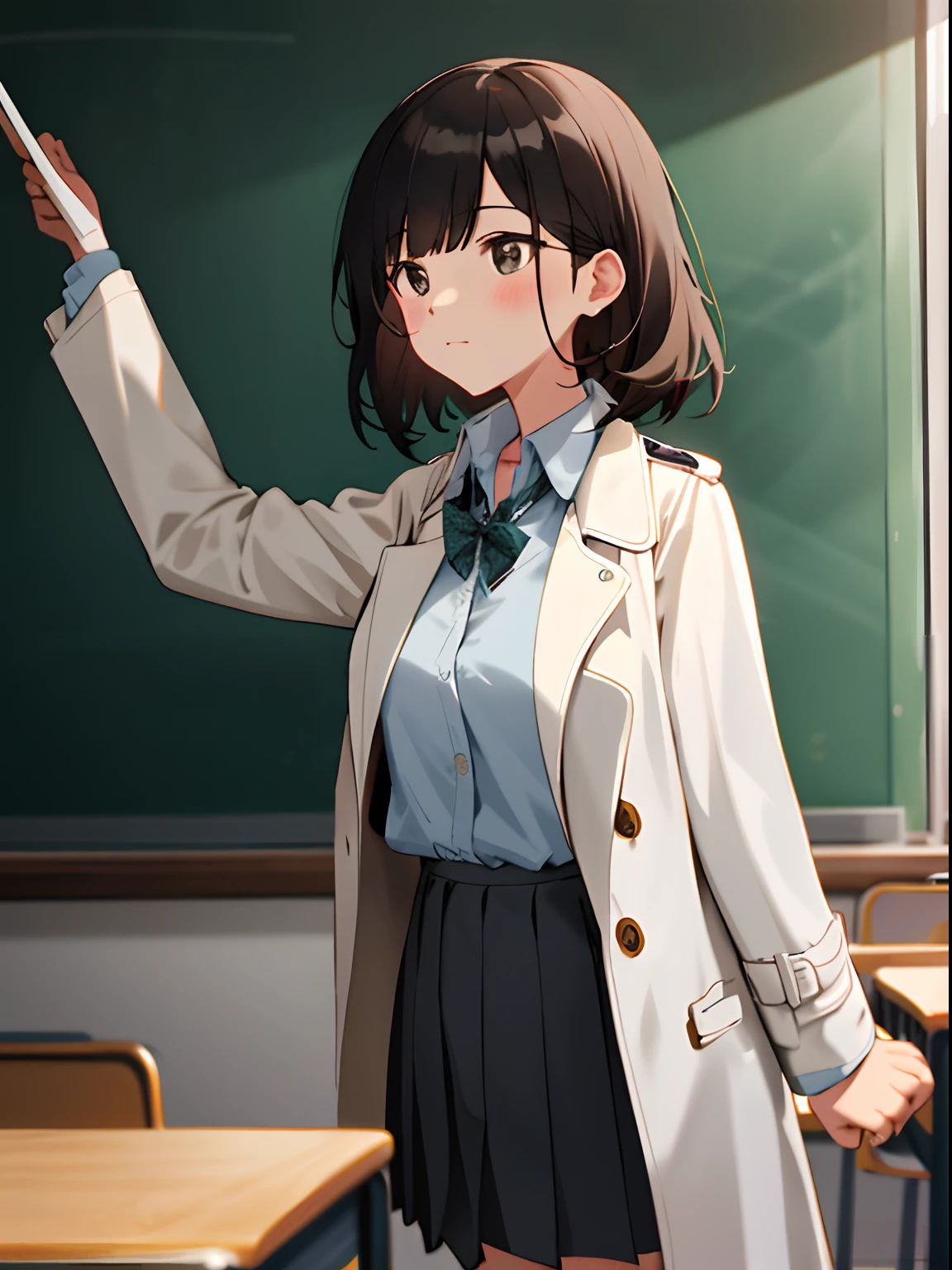 In the classroom,There are a lot of students,Female teacher giving lessons to students in front of a blackboard,Wear a white trench coat