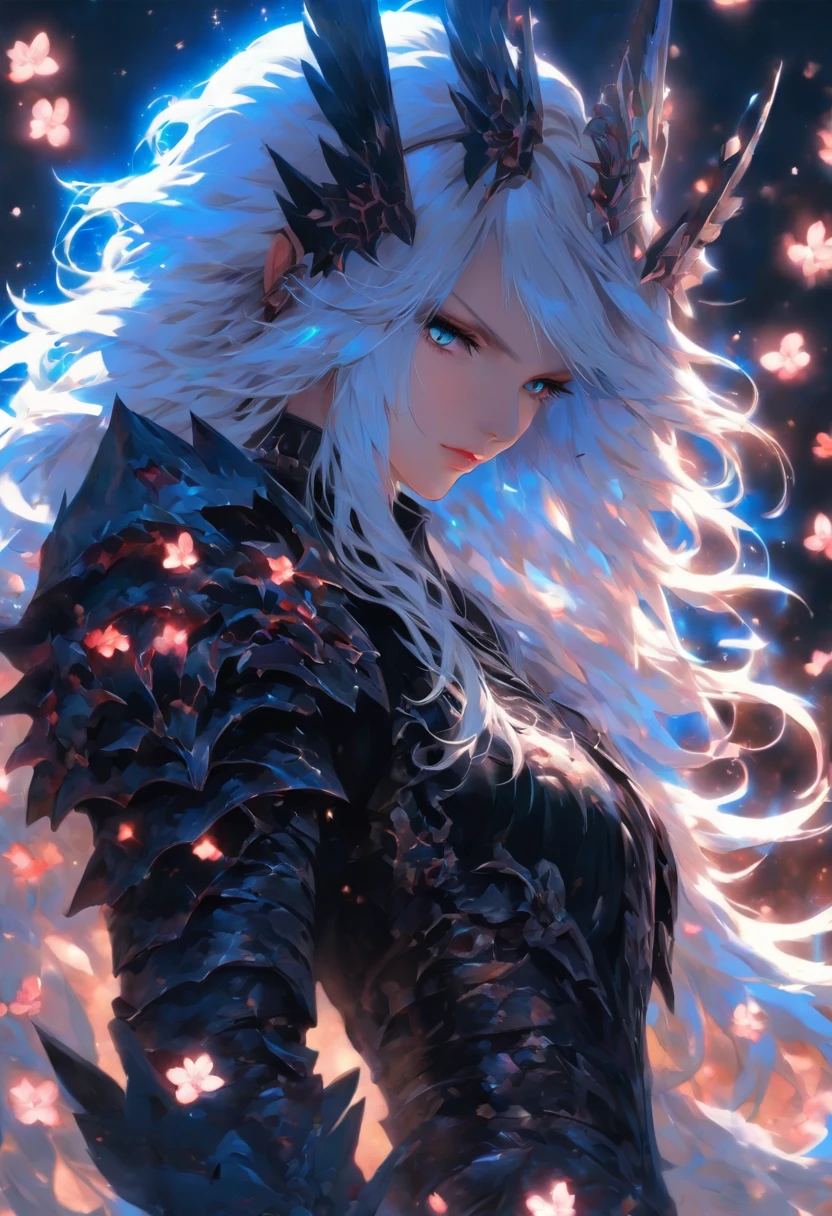The most beautiful and sexy gothic warrior goddess, long white hair, blue eyes, highly detailed black battle armor, glowing white halo, black angel wings, tattoos and piercings, cherry blossoms blowing in the wind, perfect masterpiece, high quality, high resolution