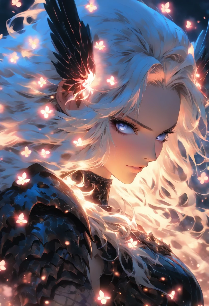 The most beautiful and sexy gothic warrior goddess, long white hair, blue eyes, highly detailed black battle armor, glowing white halo, black angel wings, tattoos and piercings, cherry blossoms blowing in the wind, perfect masterpiece, high quality, high resolution
