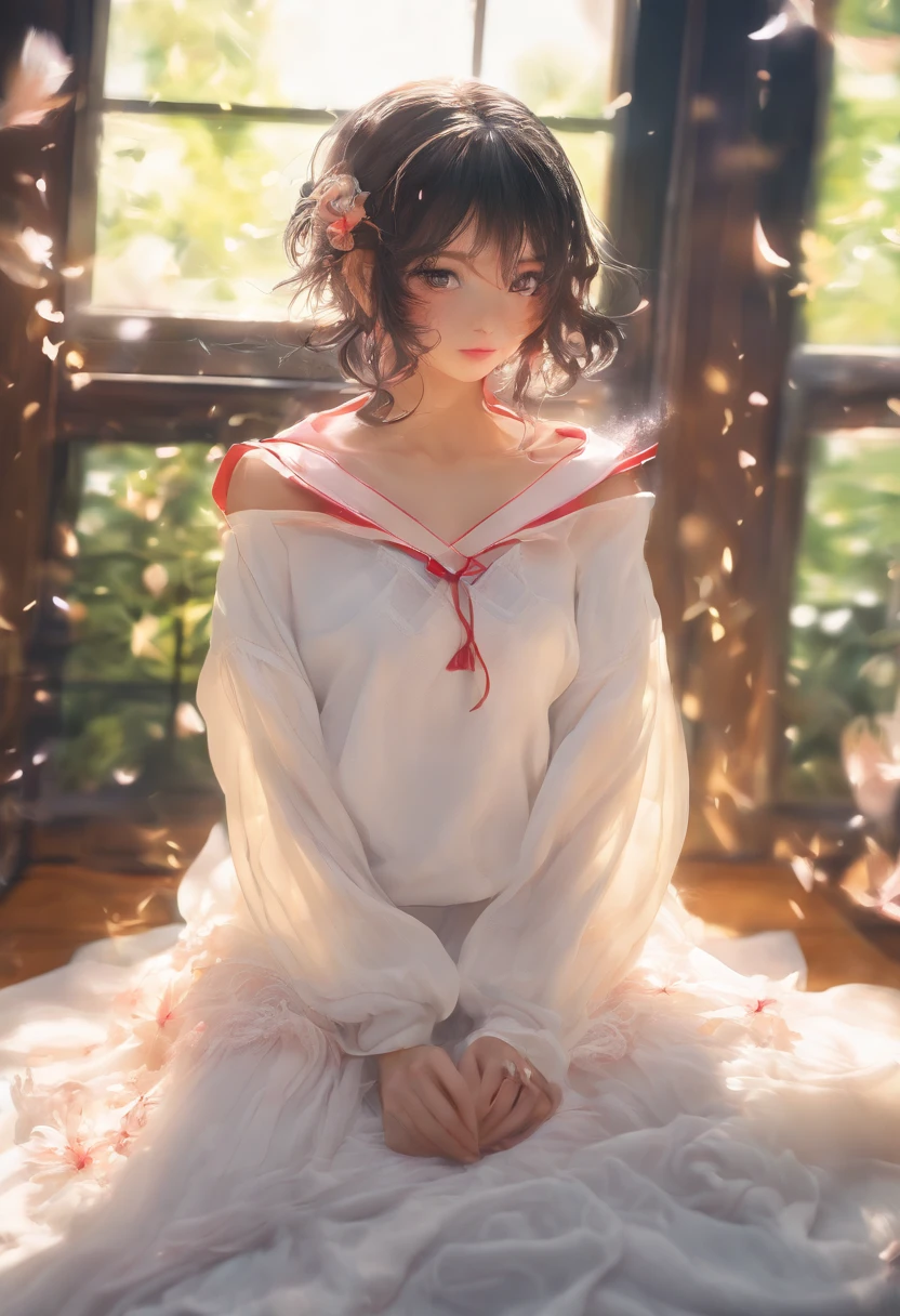 ((of the highest quality, 8K,Raw photo)), (Realistic, Photorealistic: 1.37), (Face Focus: 1.1), Small breasts, flat chest, Short hair, A Japanese Lady、20yr old、Japan idol system、(white sweatshirt: 1.1)、Skirt, Sitting, Arms up, From below, Sunlight, Movie Lighting,
