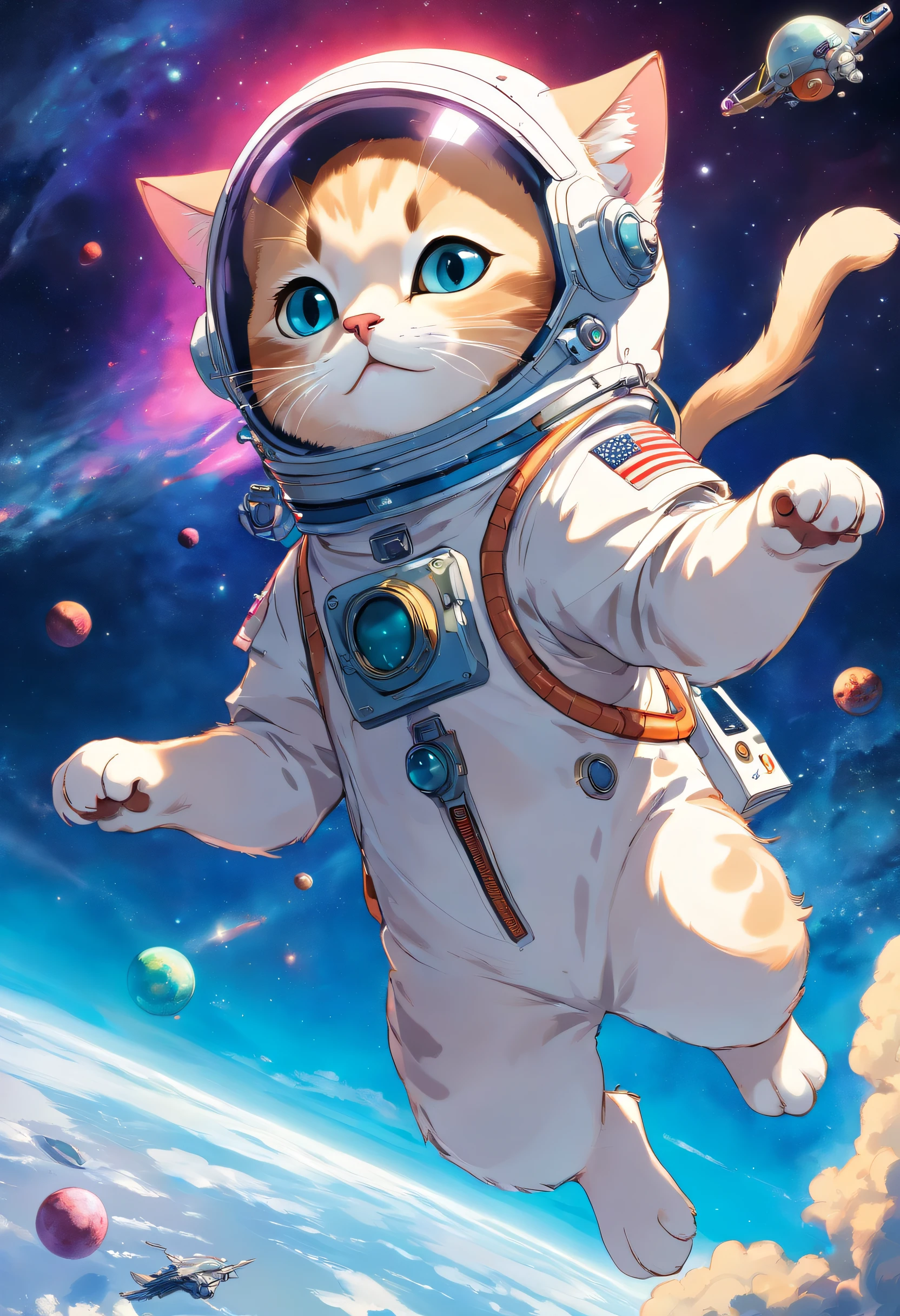 One Siamese kitten is dressed up as an astronaut floating in outer space leaving some space for texting.,
