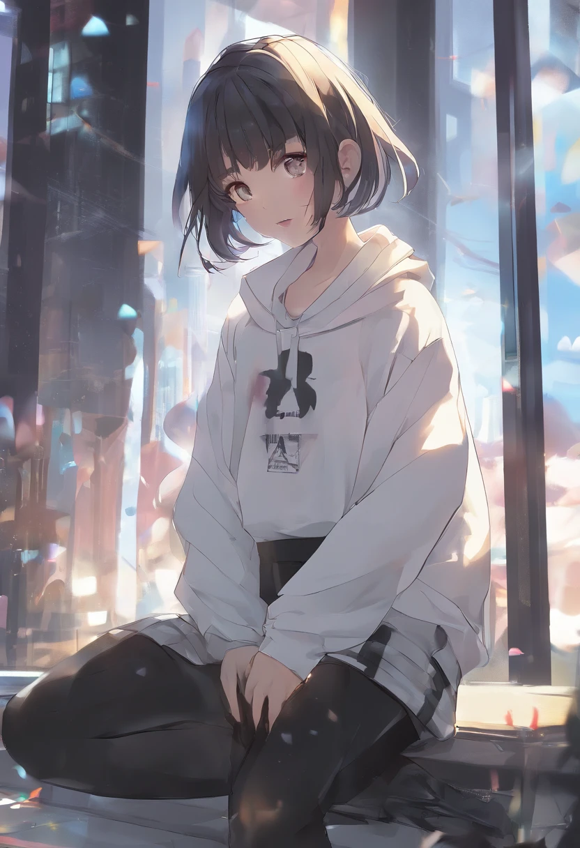 ((of the highest quality, 8K,Raw photo)), (Realistic, Photorealistic: 1.37), (Face Focus: 1.1), Small breasts, flat chest, Short hair, A Japanese Lady、20yr old、Japan idol system、(white sweatshirt: 1.1)、Skirt, Sitting, Arms up, From below, Sunlight, Movie Lighting,