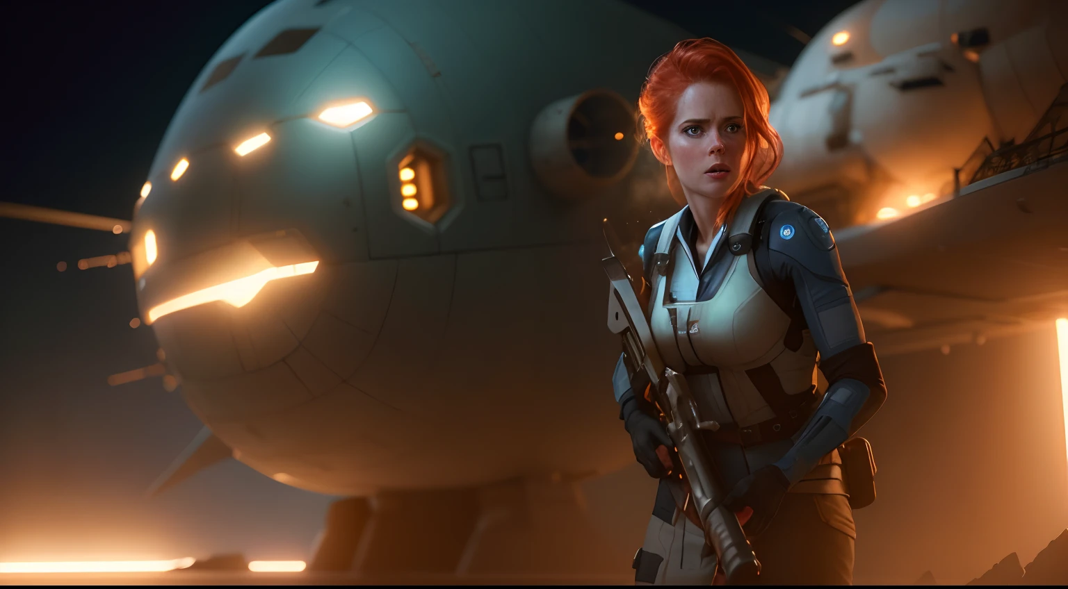 Hot terrified Sci fi Amy Adams holding a sci fi weapon on Ishimura Horror Space Ship photography, natural light, photorealism, cinematic rendering, ray tracing, the highest quality, the highest detail, Cinematic, Third-Person View, Blur Effect, Long Exposure, 8K, Ultra-HD, Natural Lighting, Moody Lighting, Cinematic Lighting