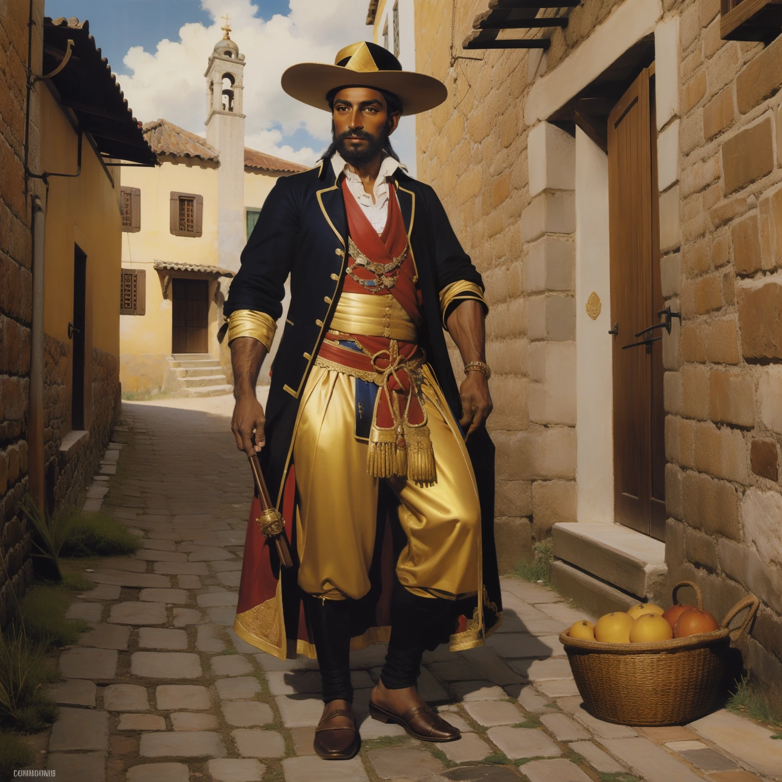 Oil painting from 1795 showing a wealthy Portuguese 37-year-old explorer wearing typical Portuguese clothes of noble fabrics and golden adornments and a typical iron hat Portuguese,pele branca,cabelos e barba loiros,in a village of Portuguese architecture and cobblestone streets in São Paulo.