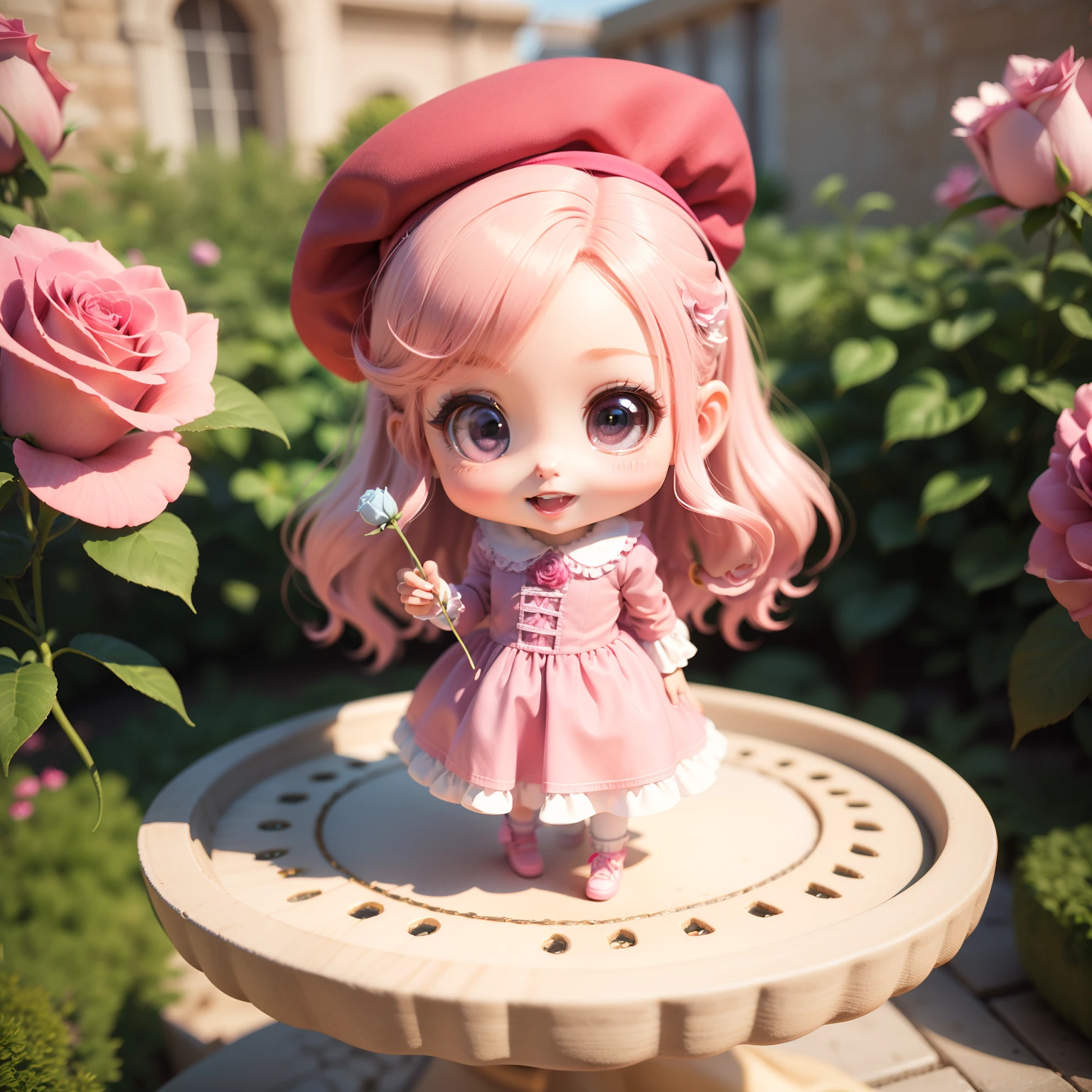 Cute Baby Chibi Anime, (((chibi3d))) (bes t quality) (masterprice)、 Chibi Model、Light pink long hair、Riding a pink horse、 Pink and magenta jewelry decoration costume、Pink beret、Pink roses、Rose garden of Bagatelle, France、Open your mouth and smile、ultra-detailliert、Small face、Standing、(Chibi:1.4)