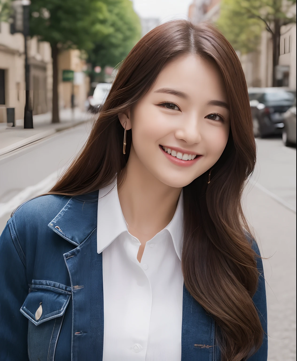 ((top-quality、in 8K、​masterpiece:1.3))、1girl in、Beautiful woman with plump abs emphasized:1.3、(The long-haired、Colossal tits:1.2)、In the city、Super delicate face、wholesome、二重まぶた、A smile that showed teeth、Wearing a collared shirt、Looking at the camera、Big smile、Look here、Look at me with your eyes wide open、Cozy feeling、Take a walk around the city