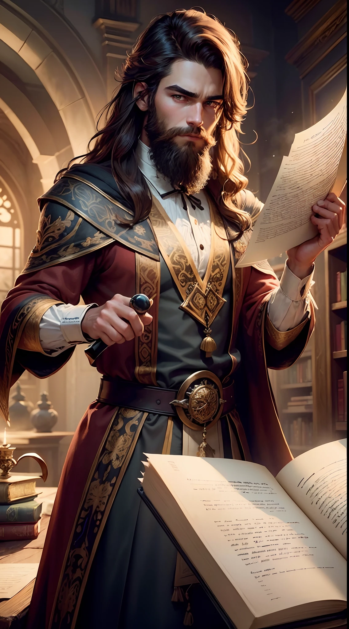 (highly detailed,highres)(fantasy)portrait,(strong,determined:1.1)17-year-old man,(teacher:1.1)(detailed,expressive)eyes and facial features, (well-groomed,bushy beard,long and straight hairstyle),(elegant,dark-colored)robe with intricate patterns, (wise,intelligent)expression,(serious,focused)gaze,(shining,subtle)magical elements surrounding him,(mystical,enchanted)background with floating books and scrolls, (soft,warm)lighting highlighting his features,(vivid,dramatic)color scheme,(mysterious,ethereal)atmosphere --auto