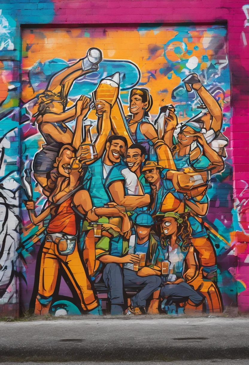 happy mixed race band members drinking beer, graffiti dourado