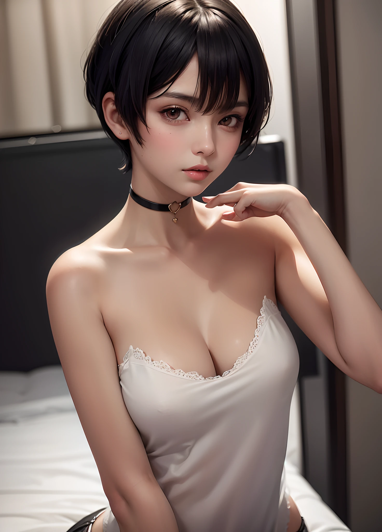 masterpiece, best quality, 1girl, black hair, very short hair, pixie cut, tan, medium breasts, messy hair, night, looking at viewer, blush, choker,