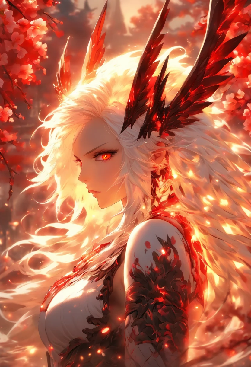 The most beautiful and sexy gothic warrior goddess, long white hair, red eyes, highly detailed white battle armor, glowing white halo, black angel wings, tattoos and piercings, cherry blossoms blowing in the wind, perfect masterpiece, high quality, high resolution