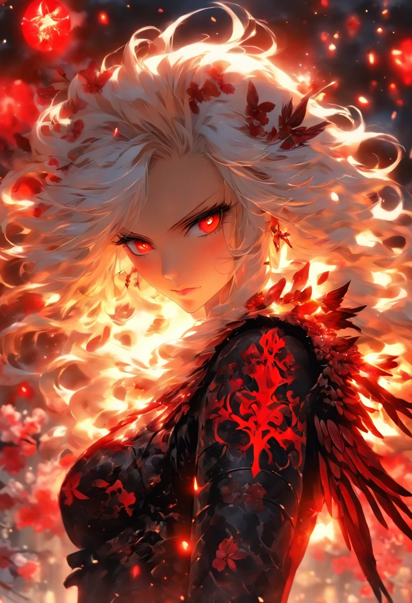 The most beautiful and sexy gothic warrior goddess, long white hair, red eyes, highly detailed white battle armor, glowing white halo, black angel wings, tattoos and piercings, cherry blossoms blowing in the wind, perfect masterpiece, high quality, high resolution